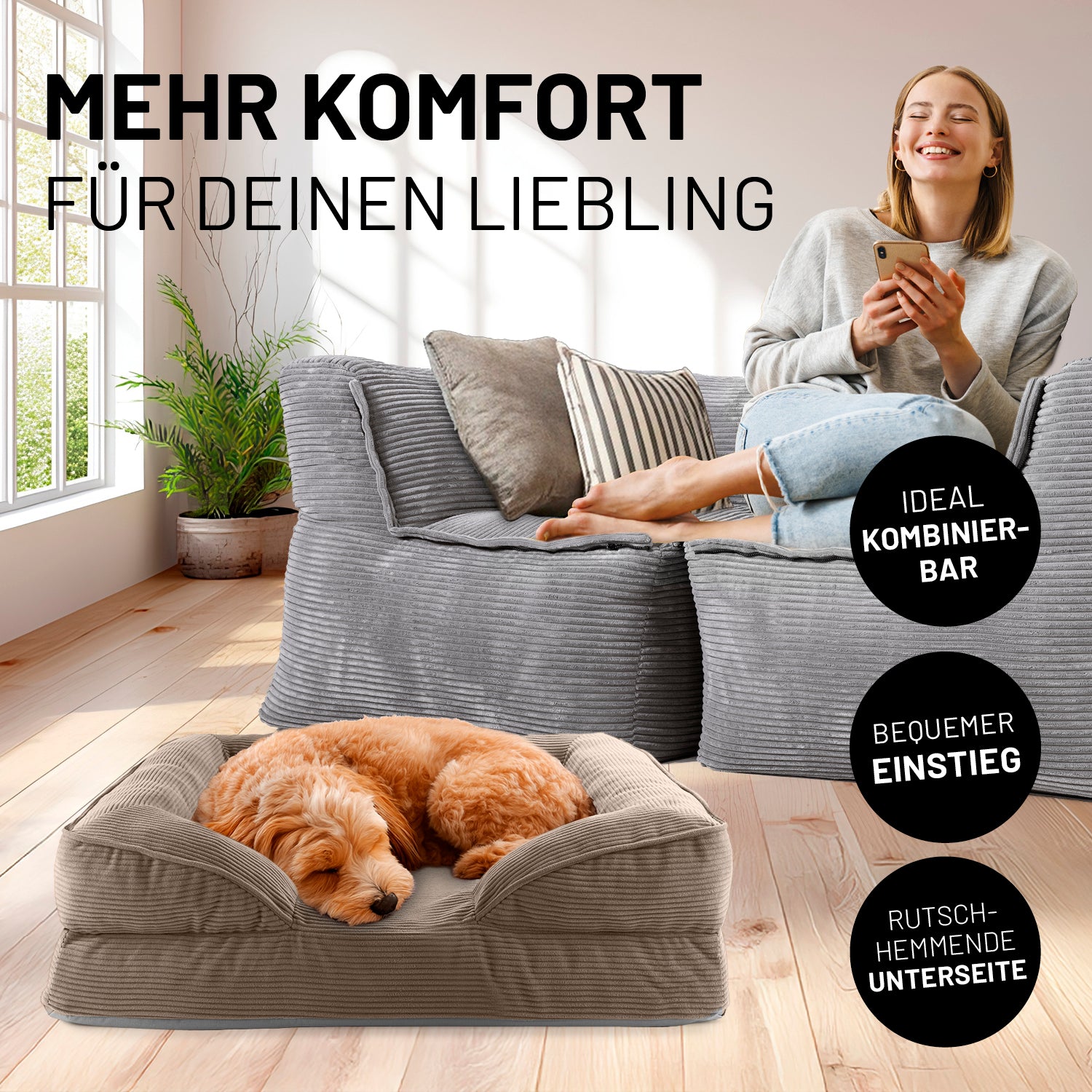 Komfort-Hundebett aus der LUMALAND Cord-Reihe - Gr. S - 70 x 60 cm - Grau mit erhöhtem Rand und rutschhemmender Unterseite.