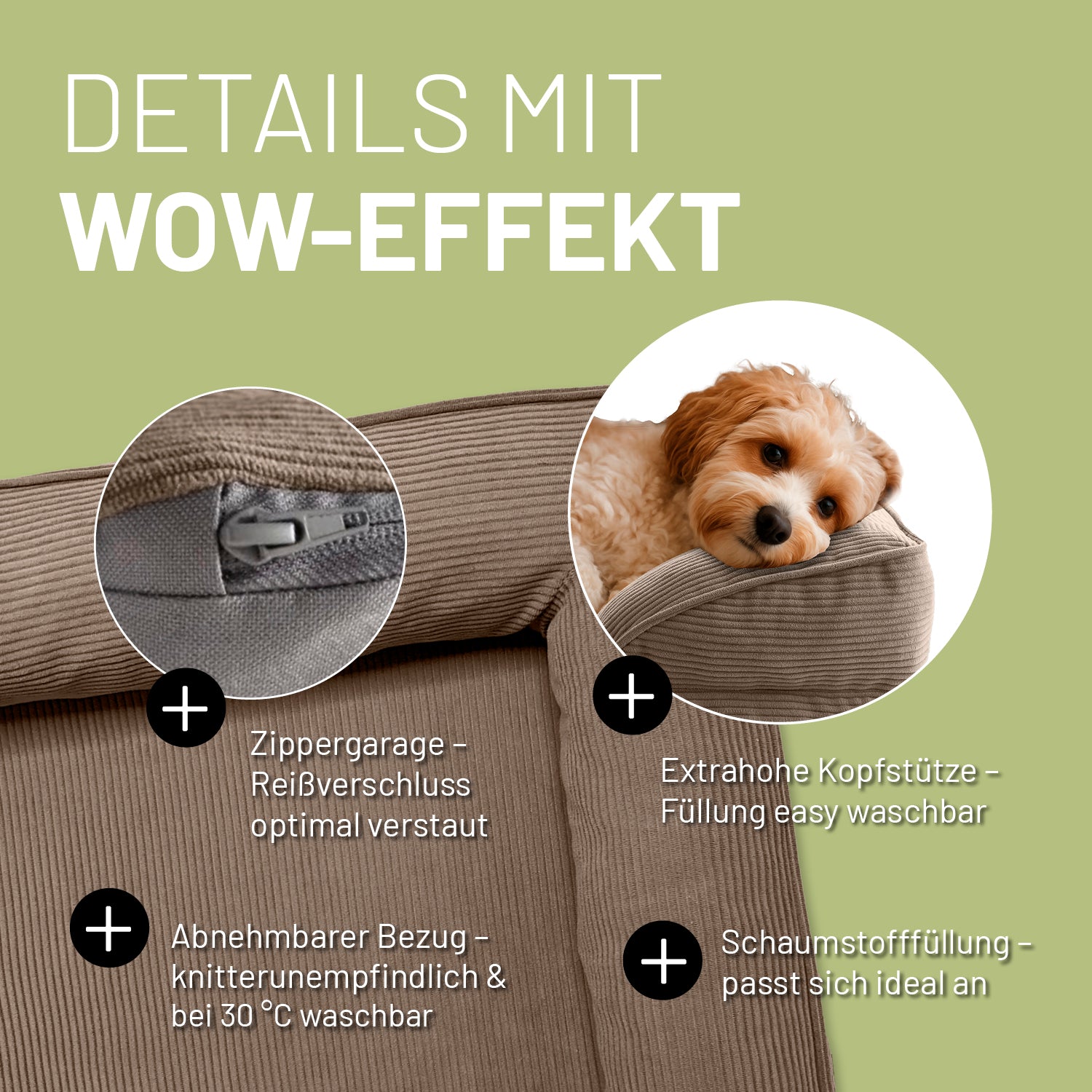Komfort-Hundebett aus der LUMALAND Cord-Reihe - Gr. S - 70 x 60 cm - Grau mit Reißverschluss, waschbarem Bezug und extra hohem Rand als Kopfstütze.
