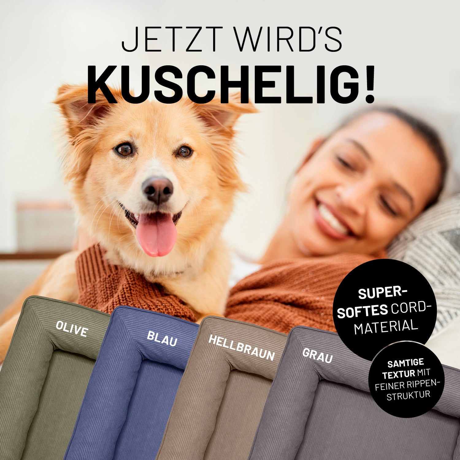 Komfort-Hundebett aus der LUMALAND Cord-Reihe - Gr. S - 70 x 60 cm - Grau mit weichem Cord-Material und hohem Rand für Komfort.