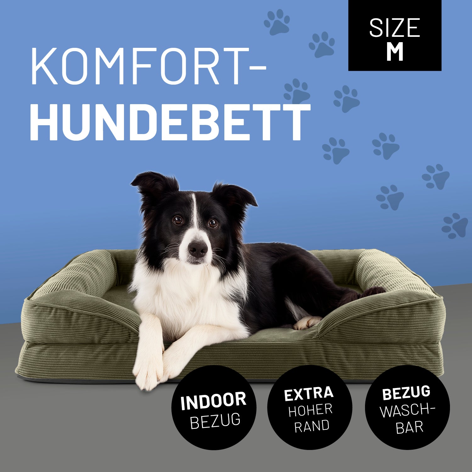 Komfort-Hundebett aus der LUMALAND Cord-Reihe - Gr. M - 90 x 65 cm - Grau mit extra hohem Rand und waschbarem Bezug