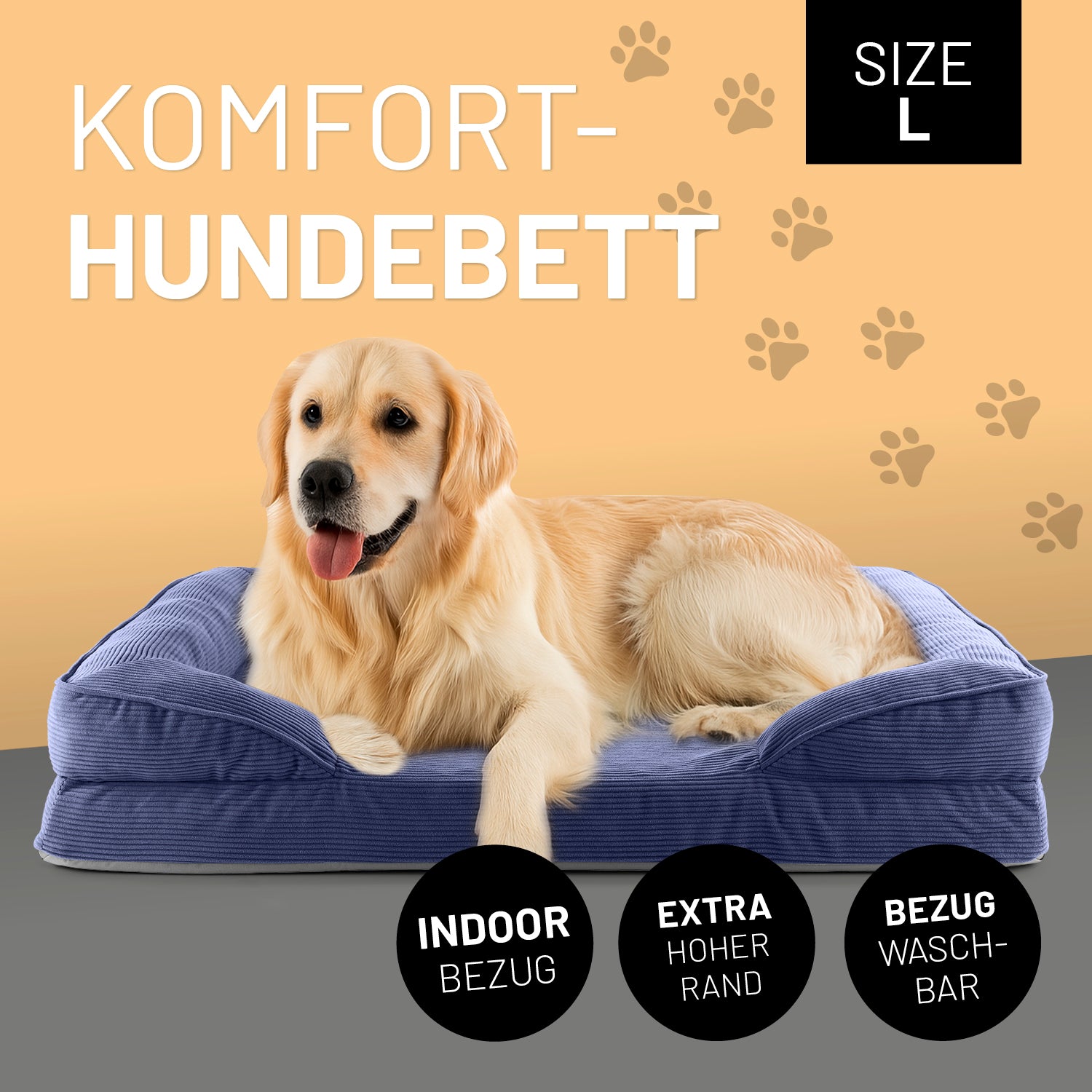 Komfort-Hundebett aus der LUMALAND Cord-Reihe - Gr. L - 110 x 75 cm - Grau mit extra hohem Rand und waschbarem Bezug