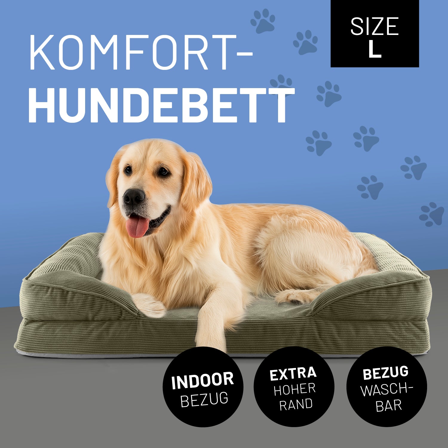 Komfort-Hundebett aus der LUMALAND Cord-Reihe - Gr. L - 110 x 75 cm - Grau mit extra hohem Rand und waschbarem Indoor-Bezug