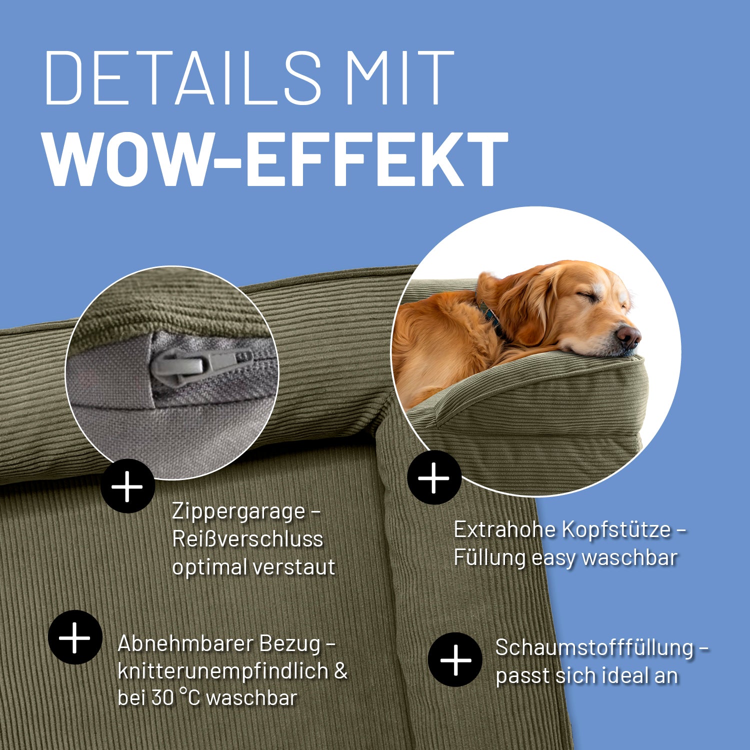 Komfort-Hundebett aus der LUMALAND Cord-Reihe - Gr. L - 110 x 75 cm - Grau mit extrahohem Rand, abnehmbarem Bezug und waschbarer Schaumstofffüllung