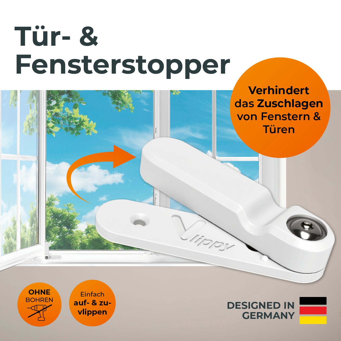 Tür- & Fensterstopper - 2er-Set zum Verhindern des Zuschlagens von Türen und Fenstern, einfache Montage ohne Bohren, flexibel und zuverlässig.