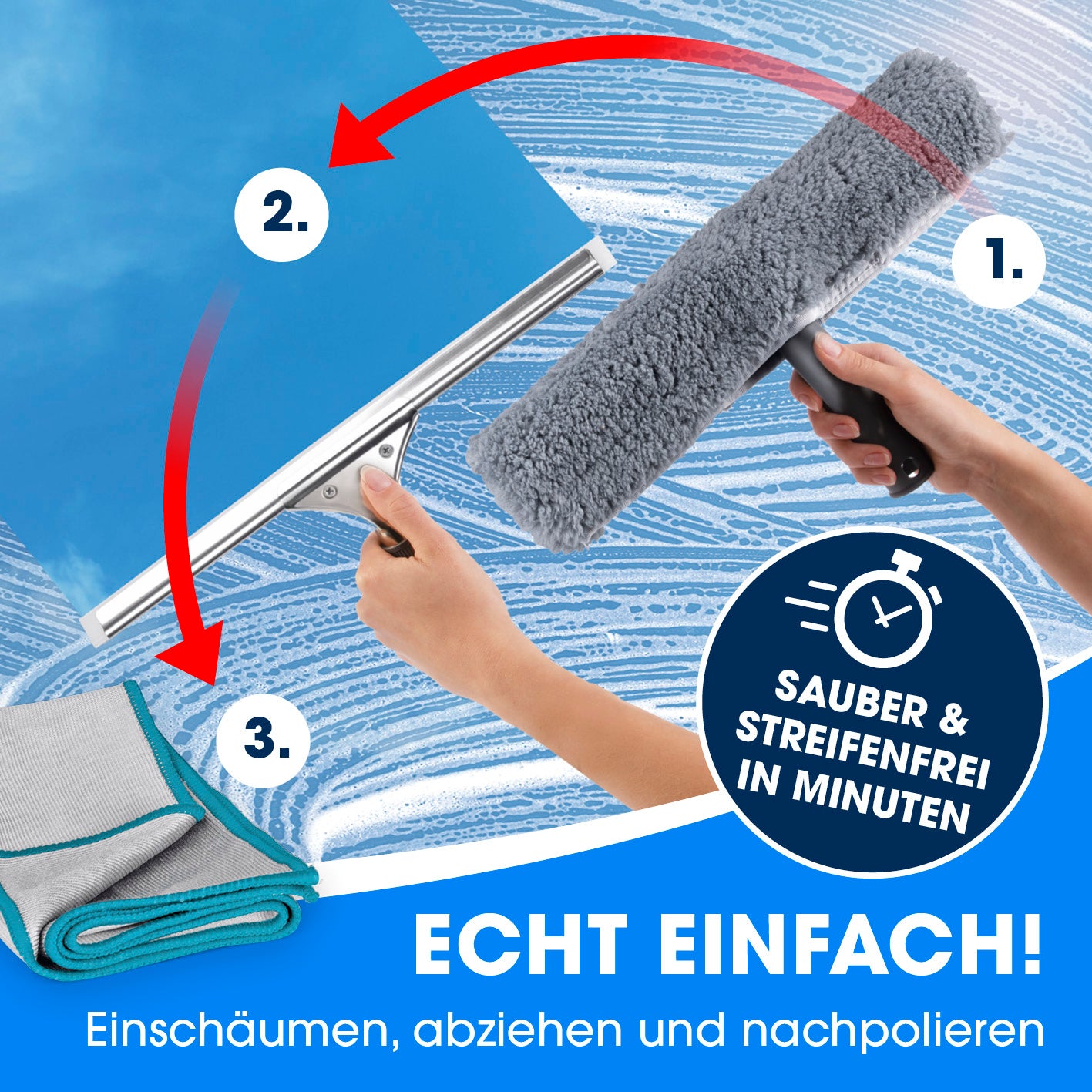 Fensterreinigerset - 7-tlg. zeigt Reinigungsschritte mit Mikrofaschwischer, Abzieher und Tuch für streifenfreie Fenster.