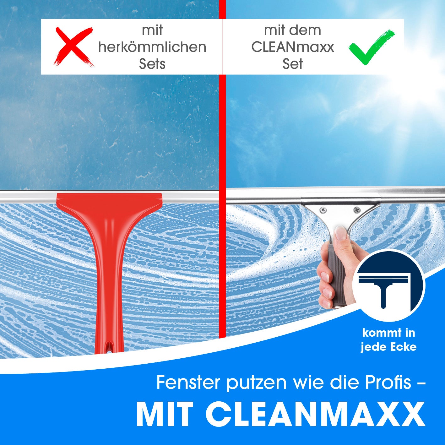 Fensterreinigerset - 7-tlg. zeigt Vergleich von herkömmlichen Sets zu CLEANmaxx für streifenfreie, klare Fenster.