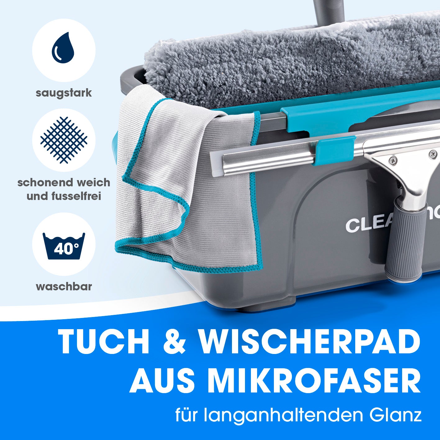 Fensterreinigerset - 7-tlg. mit Mikrofasertuch und Wischerpad, saugstark, weich, fusselfrei und waschbar bis 40 Grad für streifenfreien Glanz