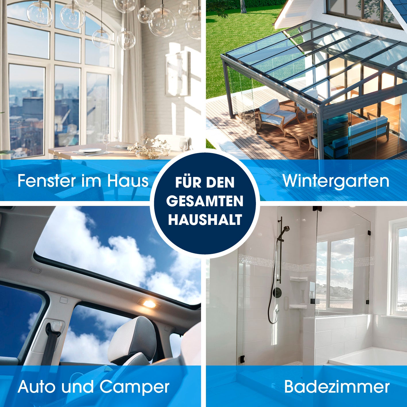 Fensterreinigerset - 7-tlg. für streifenfreie Fenster im Haus, Wintergarten, Auto, Camper und Badezimmer.