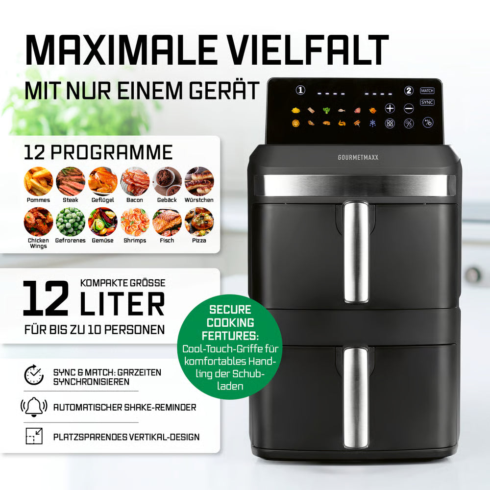 FryUp XL Vertikale Doppelkammer-Heißluftfritteuse mit 12 Liter, 12 Programmen, LED-Display und unabhängigen Garzonen für bis 10 Personen