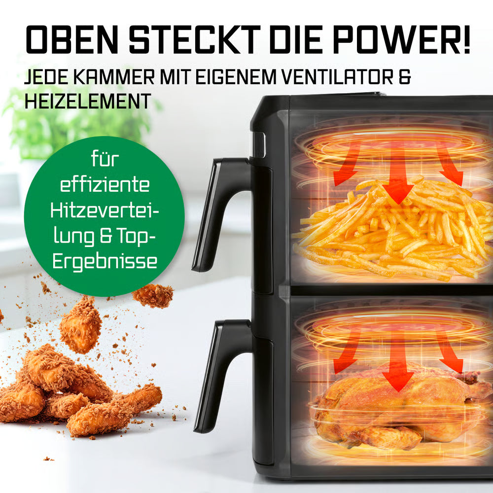 FryUp XL Vertikale Doppelkammer-Heißluftfritteuse mit zwei Kammern und Oberhitze für knusprige, schnelle Zubereitung von Speisen.