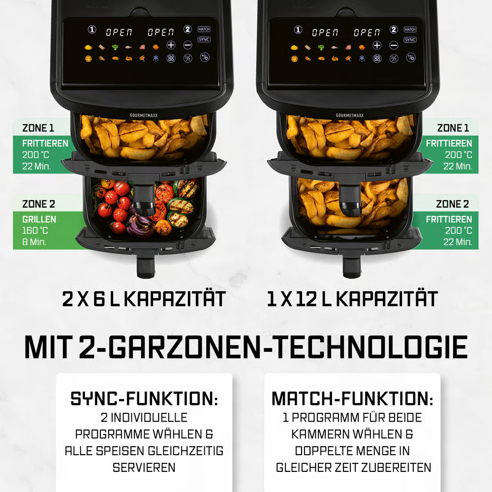 FryUp XL Vertikale Doppelkammer-Heißluftfritteuse zeigt 2 Garzonen mit getrennten Kochprogrammen und 12 Liter Gesamtkapazität.