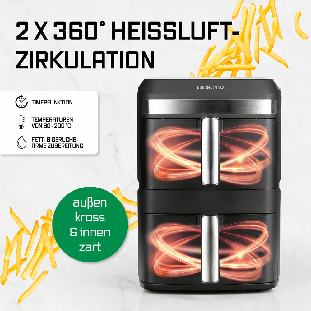 FryUp XL Vertikale Doppelkammer-Heißluftfritteuse mit 2 x 360° Heißluftzirkulation für krosse und zarte Speisen innen und außen.