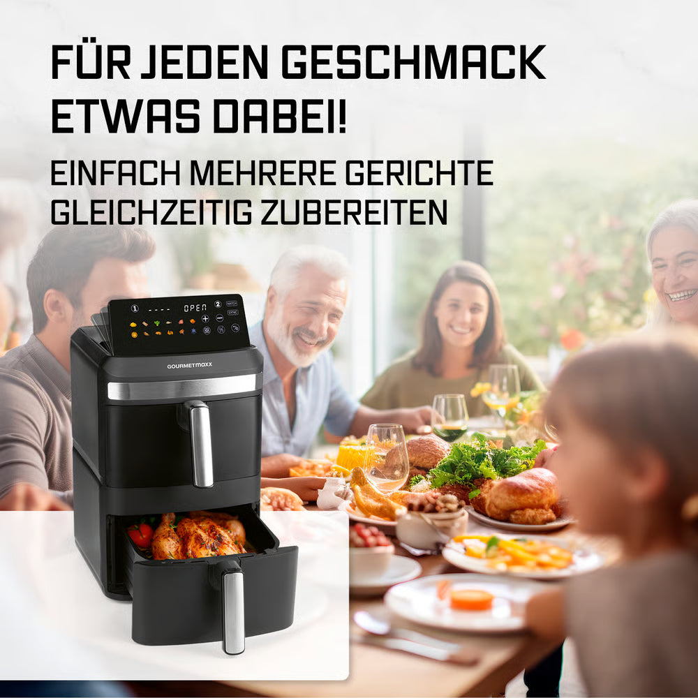FryUp XL Vertikale Doppelkammer-Heißluftfritteuse zeigt multiple Gerichte gleichzeitig für große Familienessen.