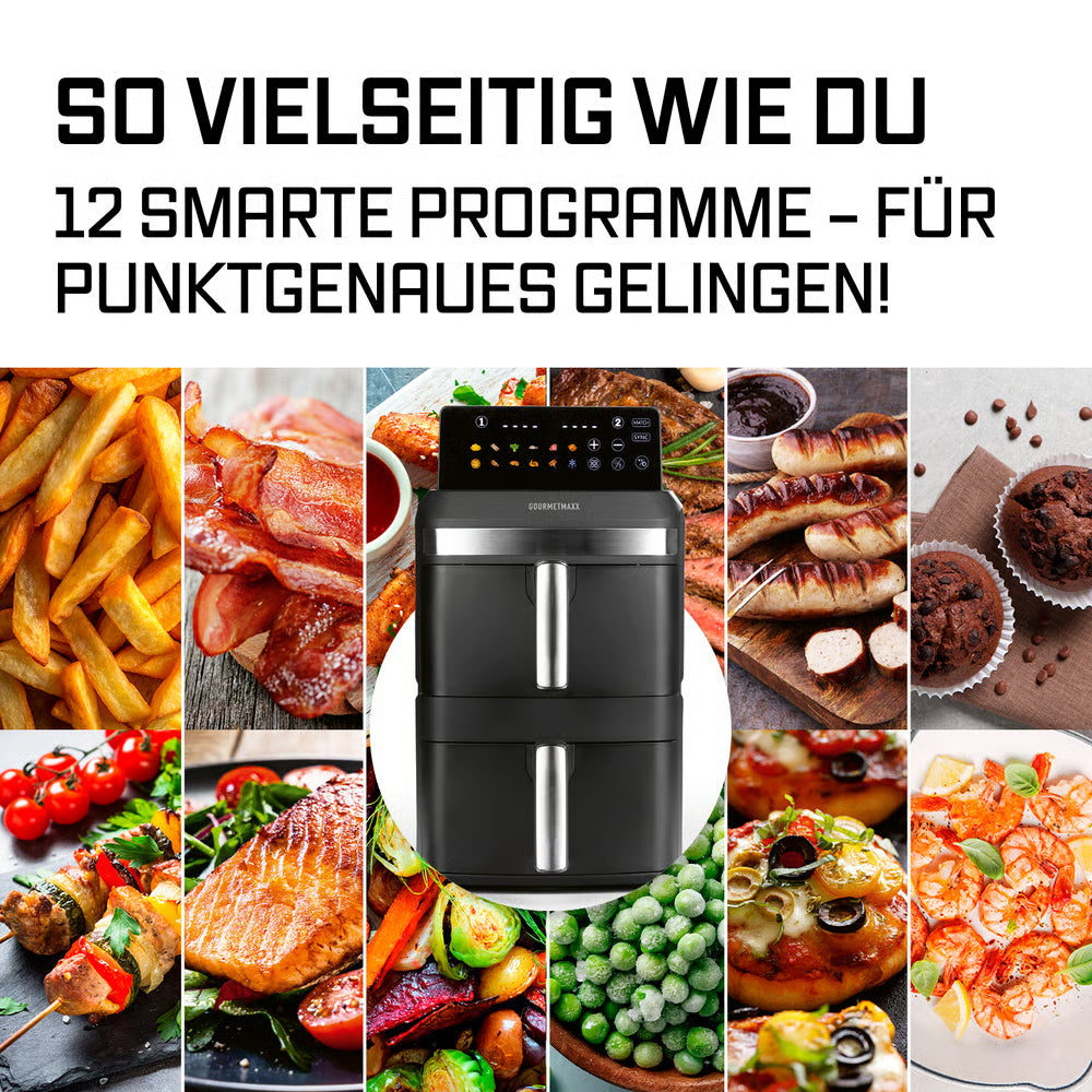 FryUp XL Vertikale Doppelkammer-Heißluftfritteuse mit 12 Programmen für vielfältige, schnelle und leckere Zubereitung verschiedener Speisen.