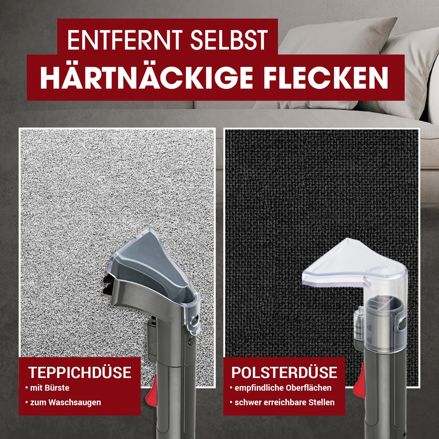 Polster- & Teppichreiniger Kompakt Plus - inkl. 1 l Teppich- & Polsterreiniger-Konzentrat mit speziellen Düsen für Teppiche und empfindliche Polsterflächen.