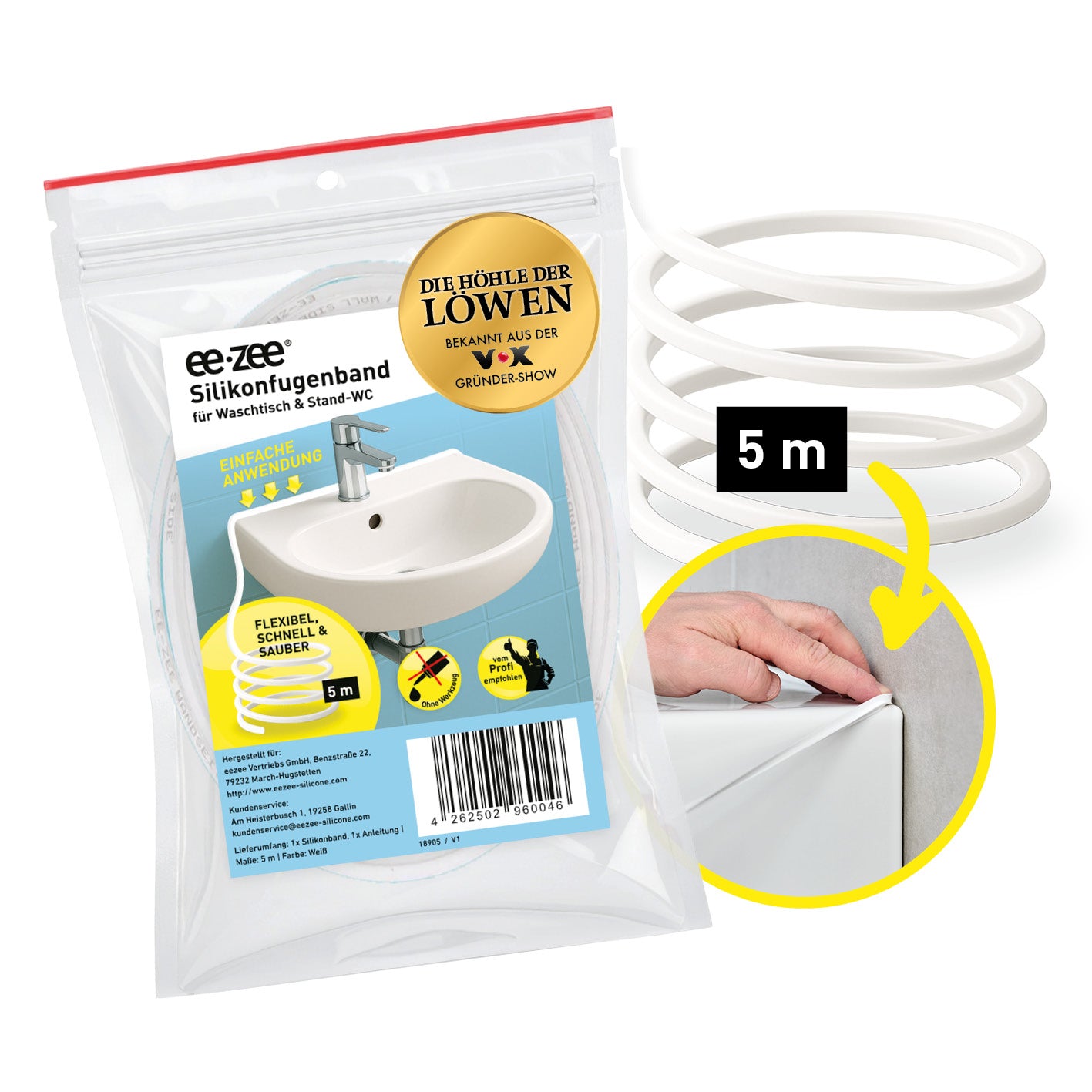 Fugenband Meterware 5 m für Waschtisch/Waschbecken - zuschneidbar, Verpackung und flexible weiße Dichtungsbandrolle, Quadrat 1417x1417px.
