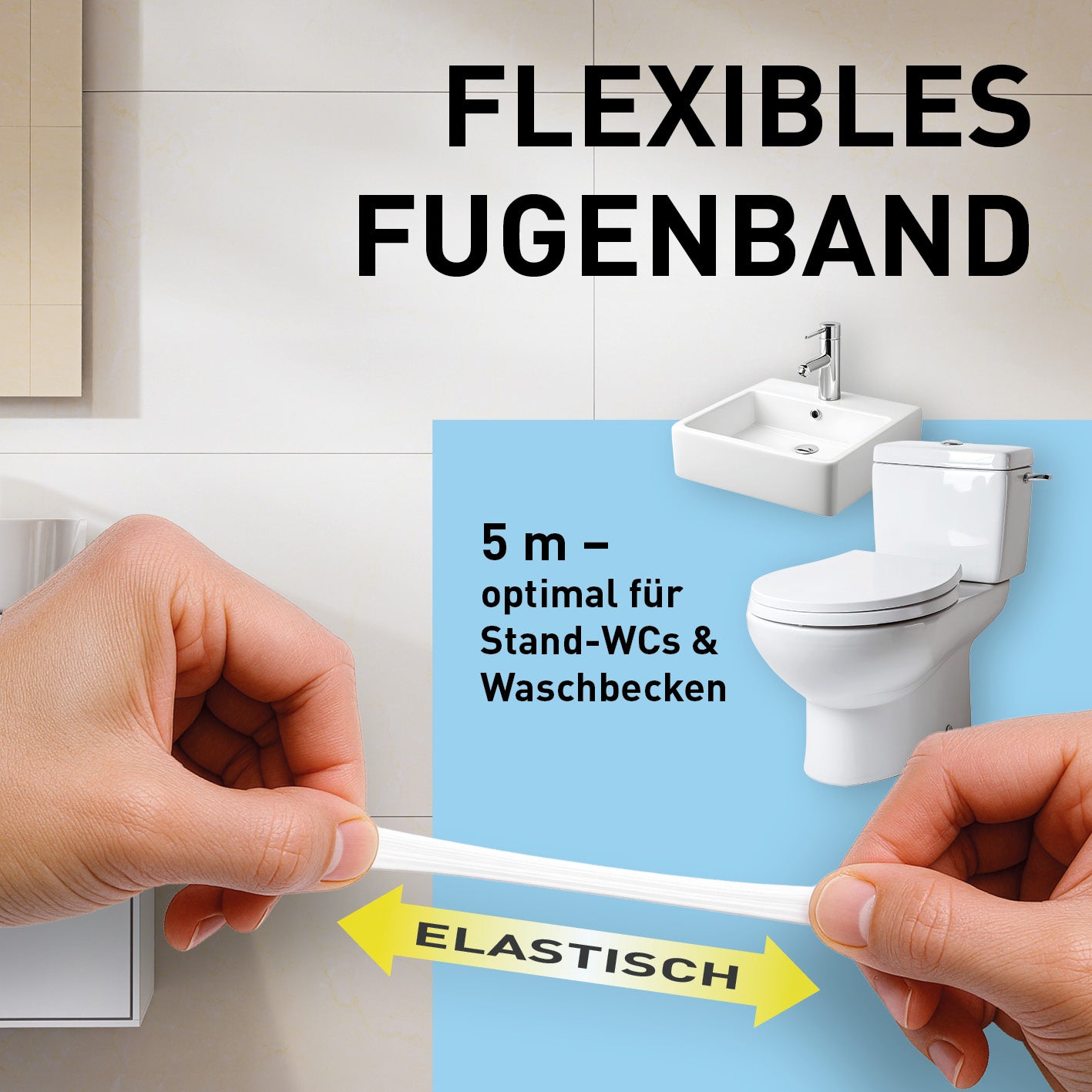 Fugenband Meterware 5 m für Waschtisch/Waschbecken - zuschneidbar, elastisch, flexibel, ideal für saubere Übergänge an WC und Waschbecken
