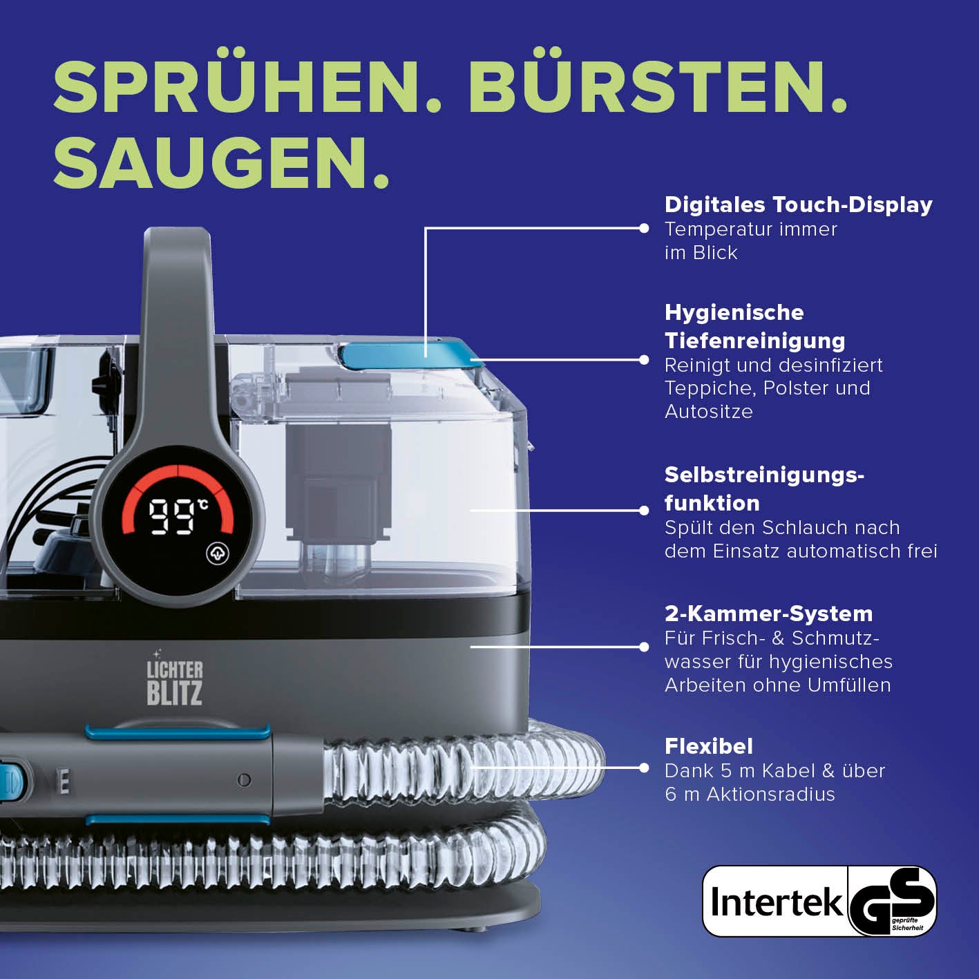Polster- & Teppichreiniger mit Dampf-Funktion, digitales Display, Selbstreinigung, 2-Kammer-System, flexible Nutzung, quadratisch, Galerie 5.