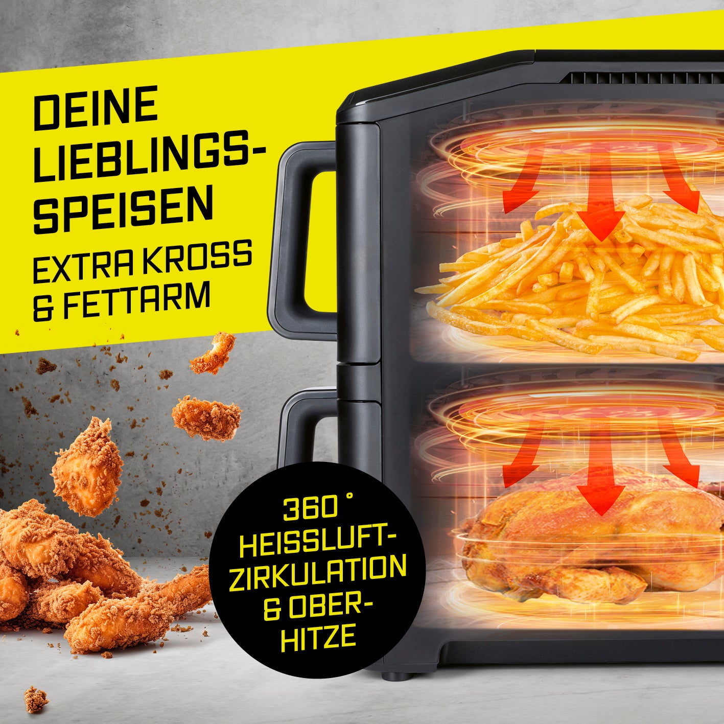 Vertikale Doppelkammer-Heißluftfritteuse mit Sichtfenster - 10 L zeigt frittierte Speisen mit 360° Heißluftzirkulation innen.