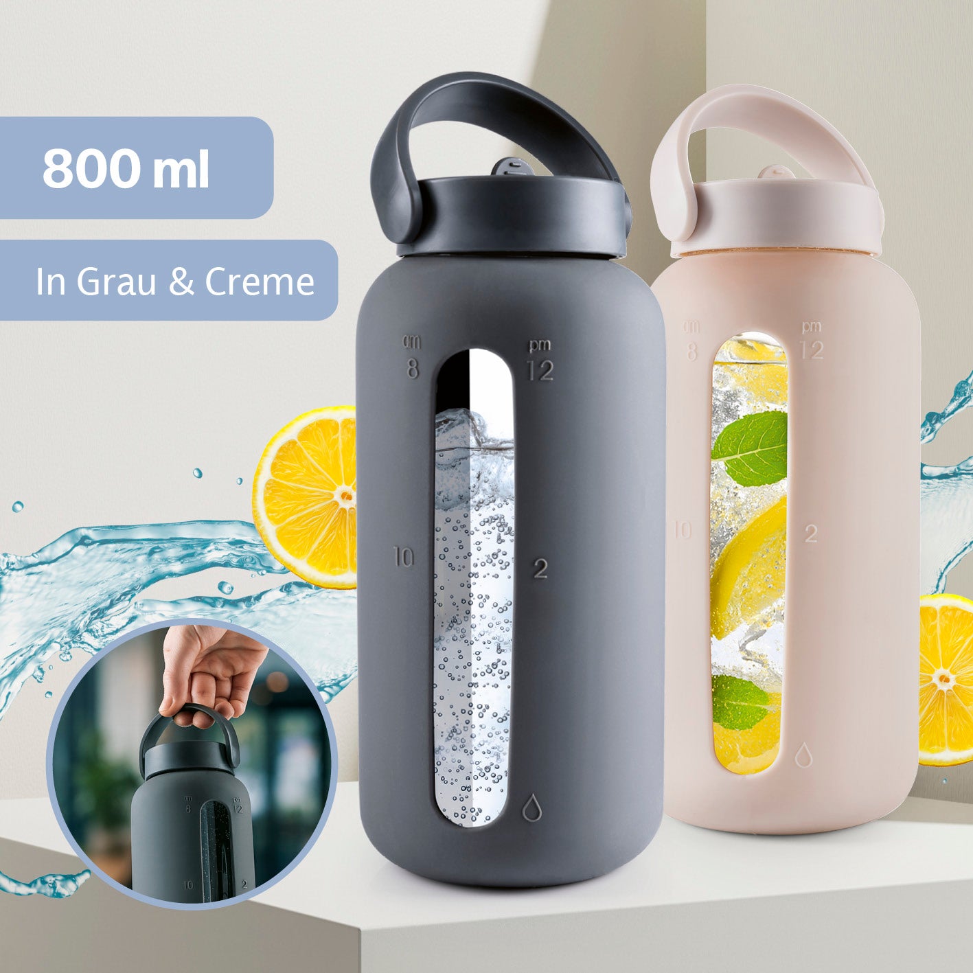 Glas-Trinkflasche – Creme 800 ml mit Zeitmarkierungen, minimalistisches Design, ideal für Alltag und Sport.