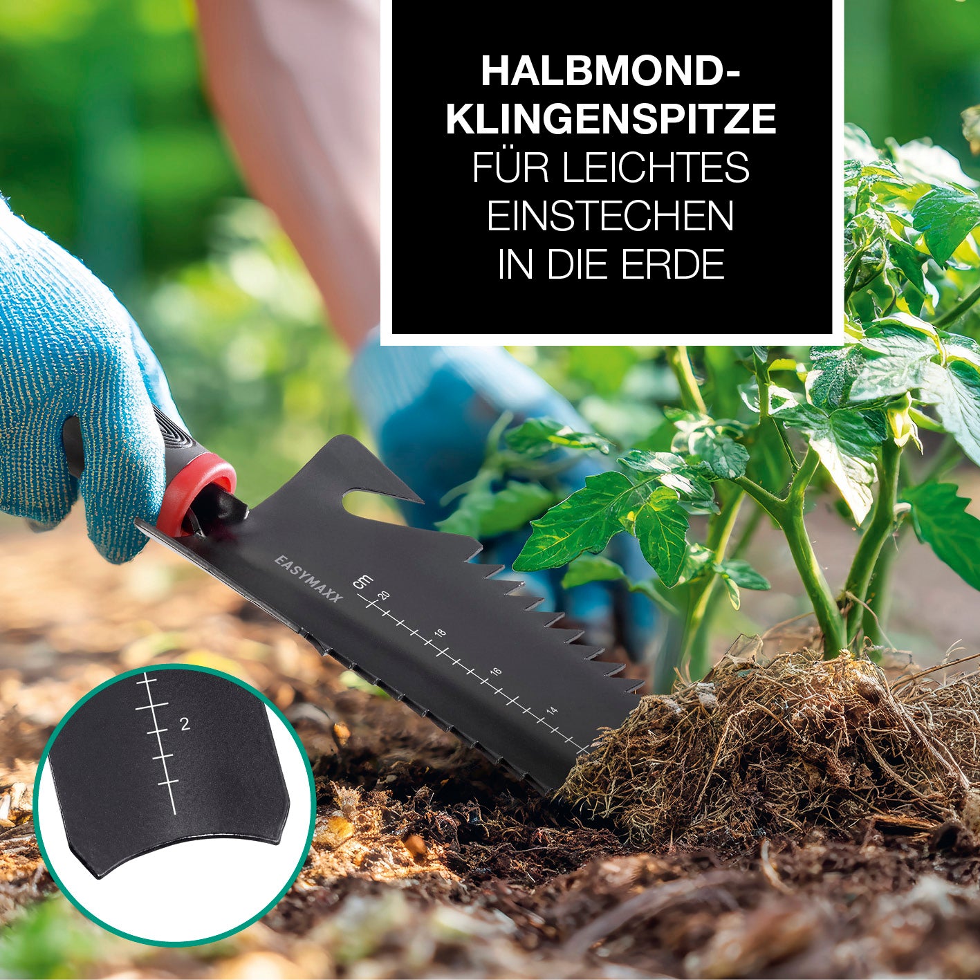 Schaufel mit Wurzelsäge - Schwarz/Rot mit Halbmond-Klingenspitze zum leichten Einstechen und Sägen im Gartenboden.