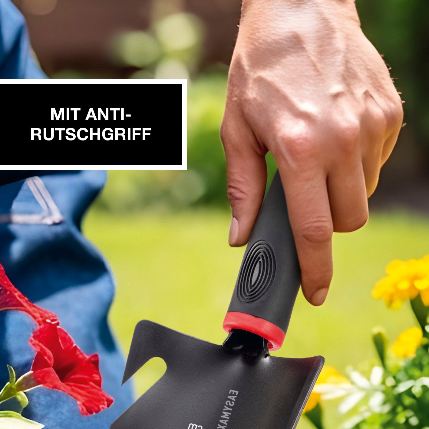 Schaufel mit Wurzelsäge - Schwarz/Rot mit Anti-Rutschgriff, ideal zum Graben, Schneiden und Bepflanzen im Garten.