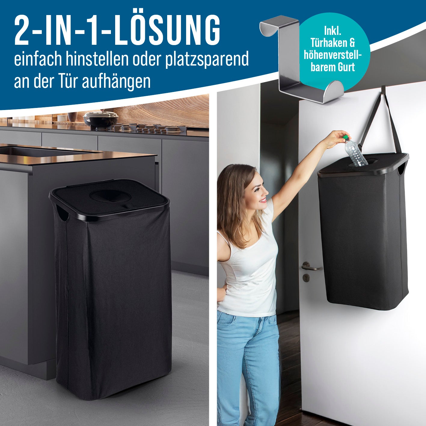 Pfandflaschen-Sammelbehälter inkl. Türhaken - Anthrazit, flexibel aufstellbar oder platzsparend an der Tür aufgehängt mit verstellbarem Gurt.