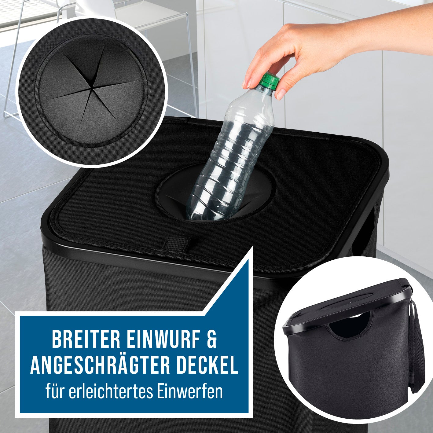 Pfandflaschen-Sammelbehälter inkl. Türhaken - Anthrazit mit breitem Einwurf und angeschrägtem Deckel zum einfachen Befüllen.