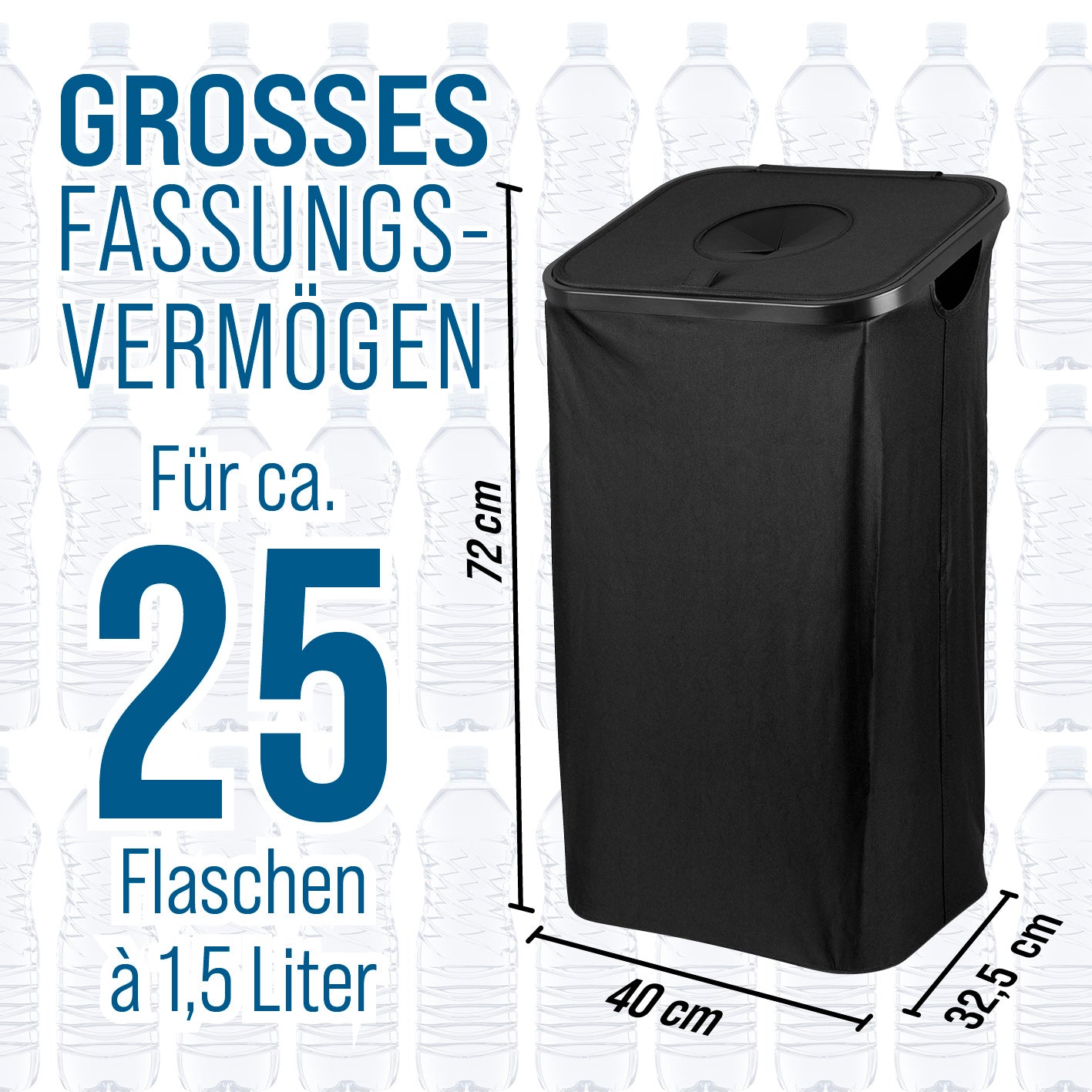 Pfandflaschen-Sammelbehälter inkl. Türhaken - Anthrazit mit großem Volumen für etwa 25 Flaschen zu 1,5 Litern, rechteckig und stabil.