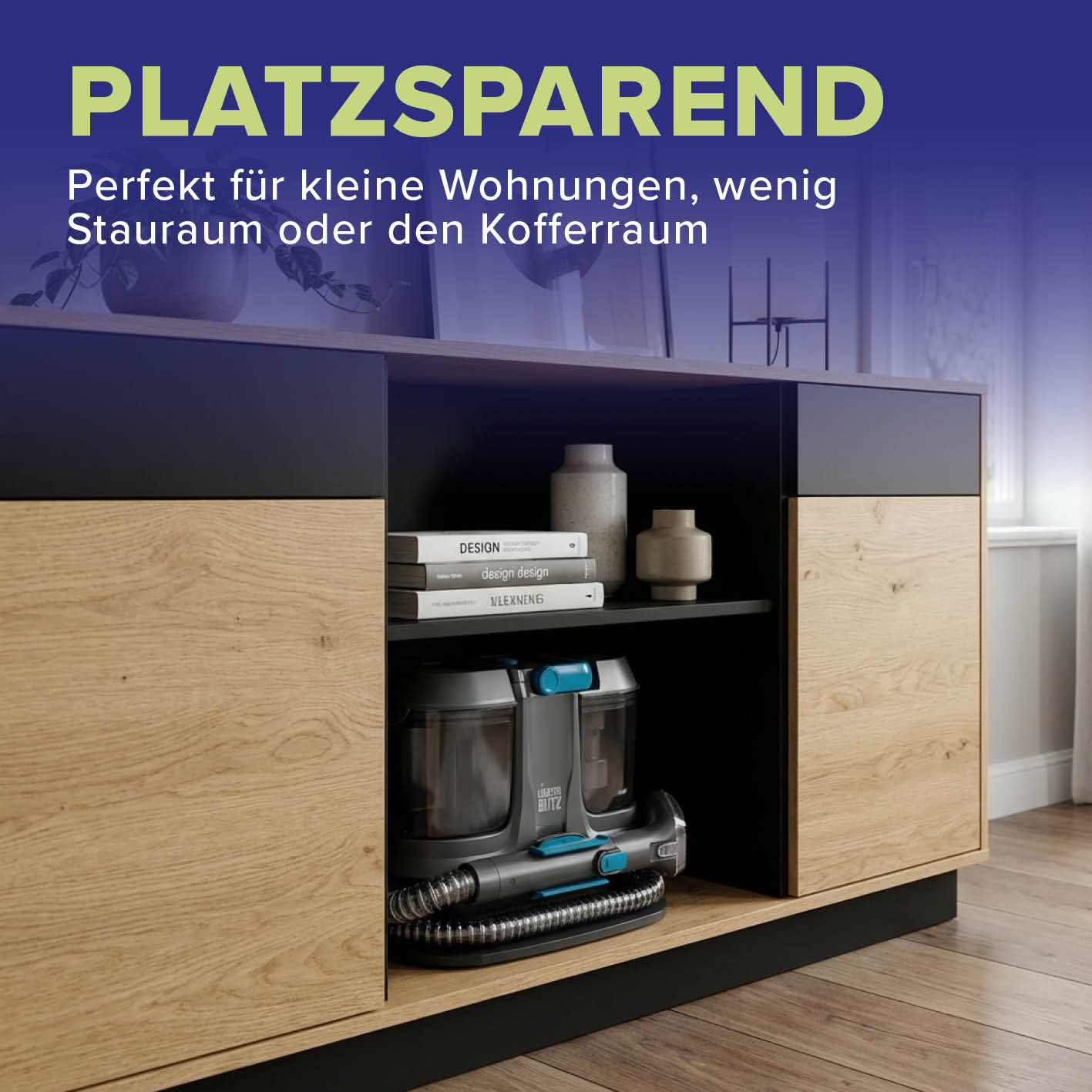 Waschsauger & Polsterreiniger Gerät platzsparend in moderner Wohnzimmerschranknische, Galerieposition 6 quadratisch 1417x1417px