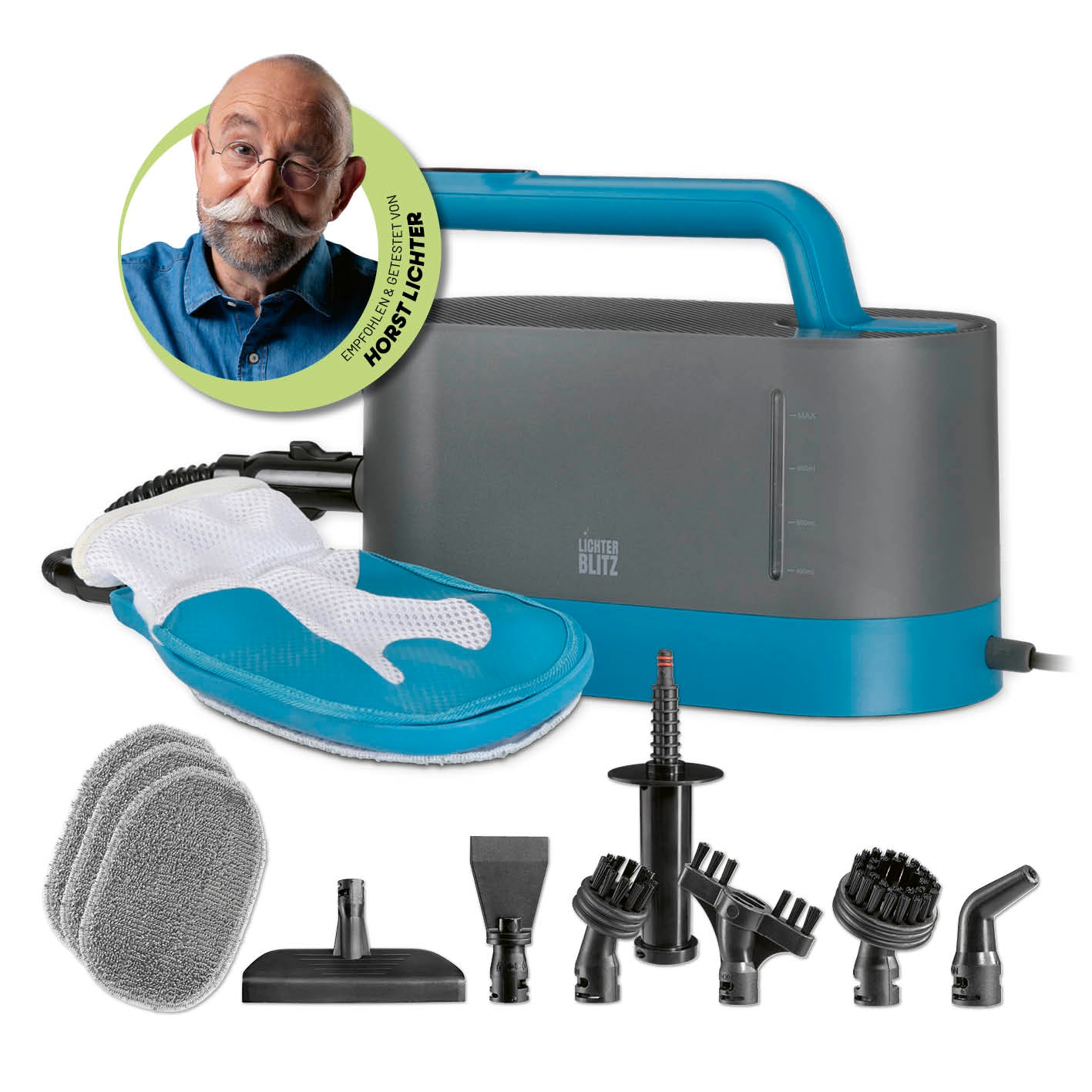 Handdampfreiniger mit Zubehör und Handschuh für vielseitige Reinigung von verschiedenen Oberflächen im Haushalt.