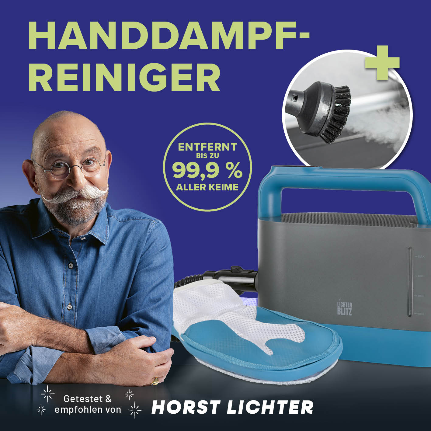 Handdampfreiniger mit Bürstenaufsatz entfernt bis zu 99,9% aller Keime für gründliche Hygiene und einfache Reinigung.