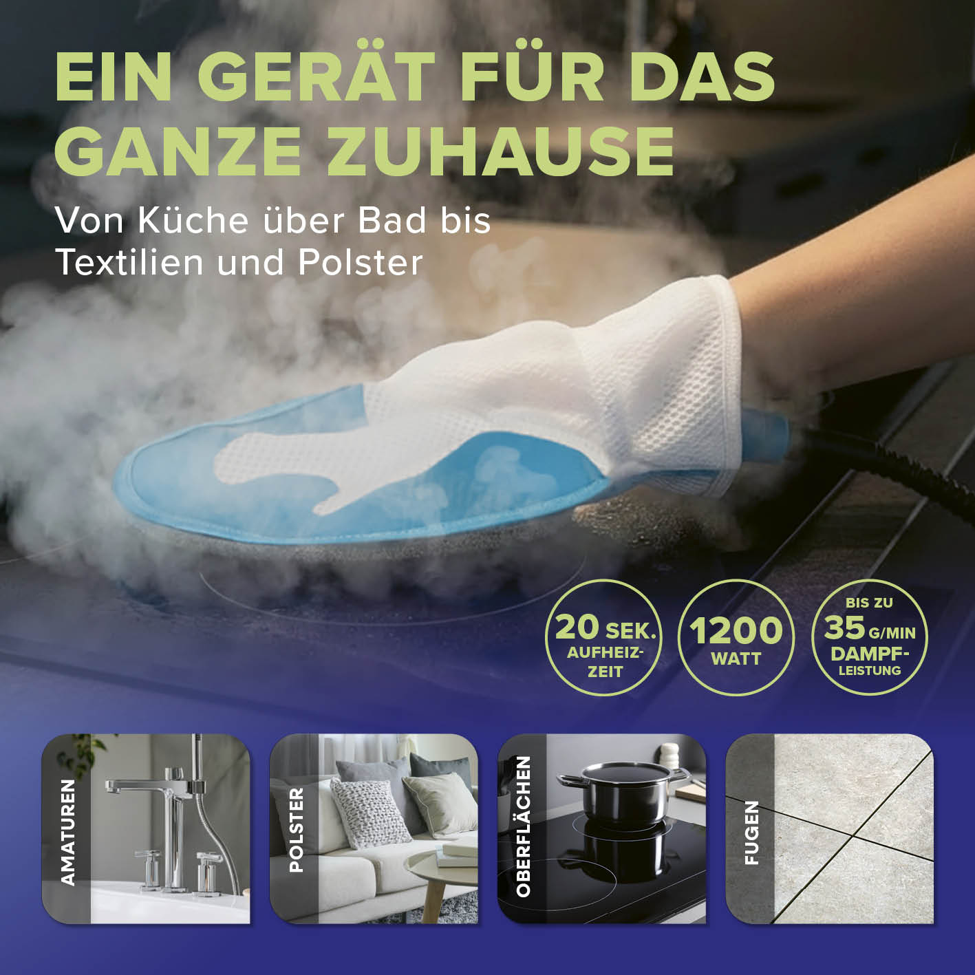 Handdampfreiniger in Nutzung mit Handschuh, Dampf zur Reinigung von Armaturen, Polstern, Oberflächen und Fugen im Zuhause.