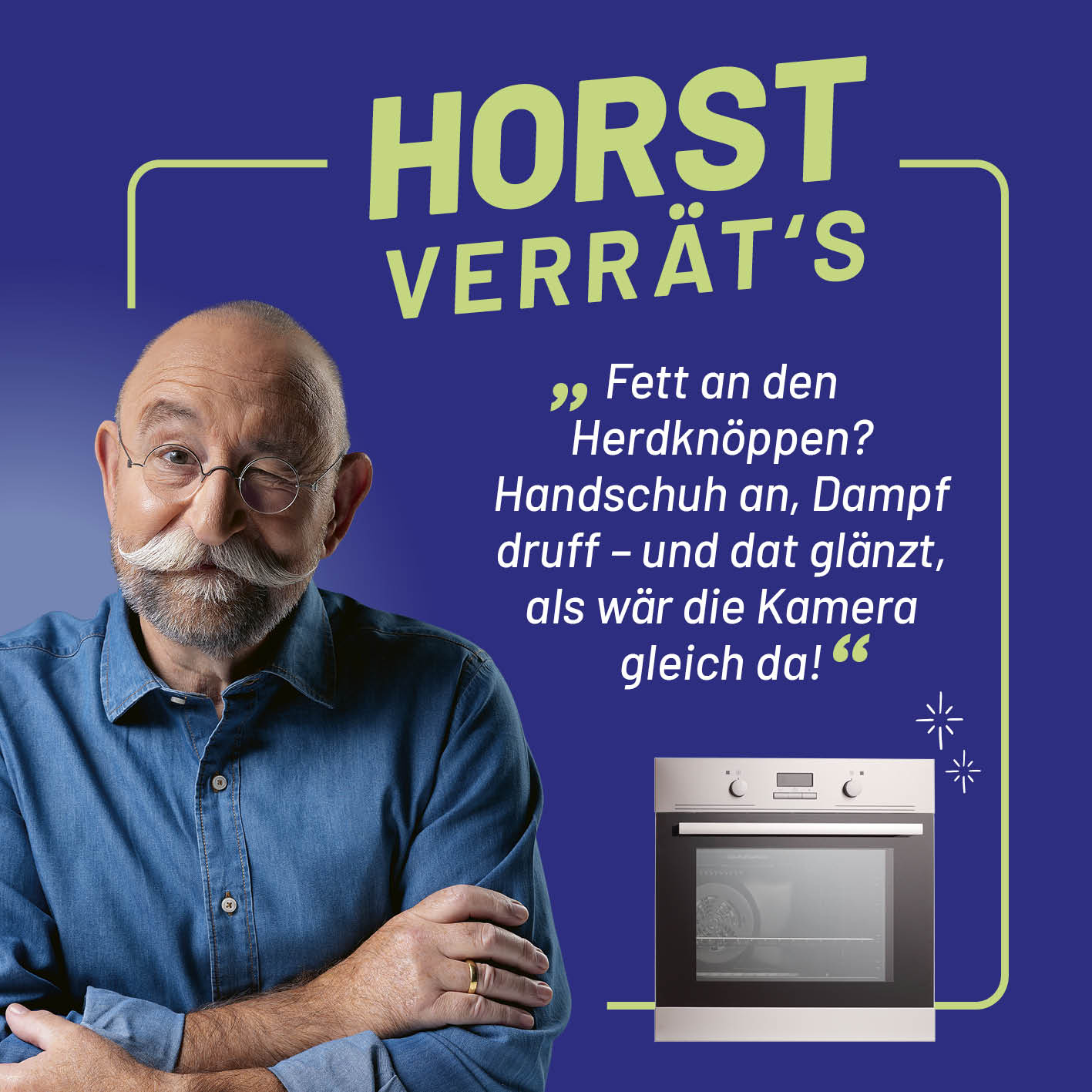 Handdampfreiniger zeigt effektive Reinigung von Fett an Herdknöpfen mit Dampf und Handschuhen für strahlende Sauberkeit.