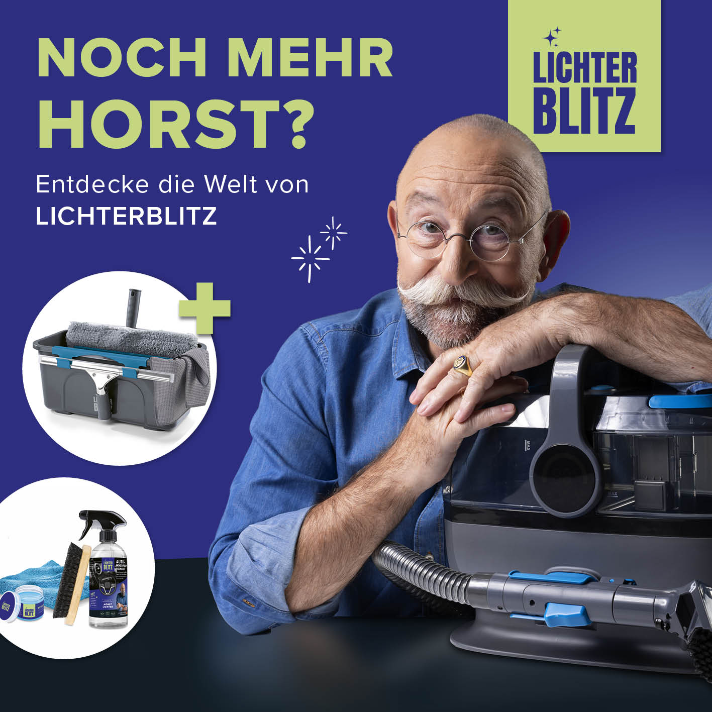 Mann mit Brille neben Handdampfreiniger und Zubehör, bewirbt Lichterblitz-Produkte für gründliche Reinigung.