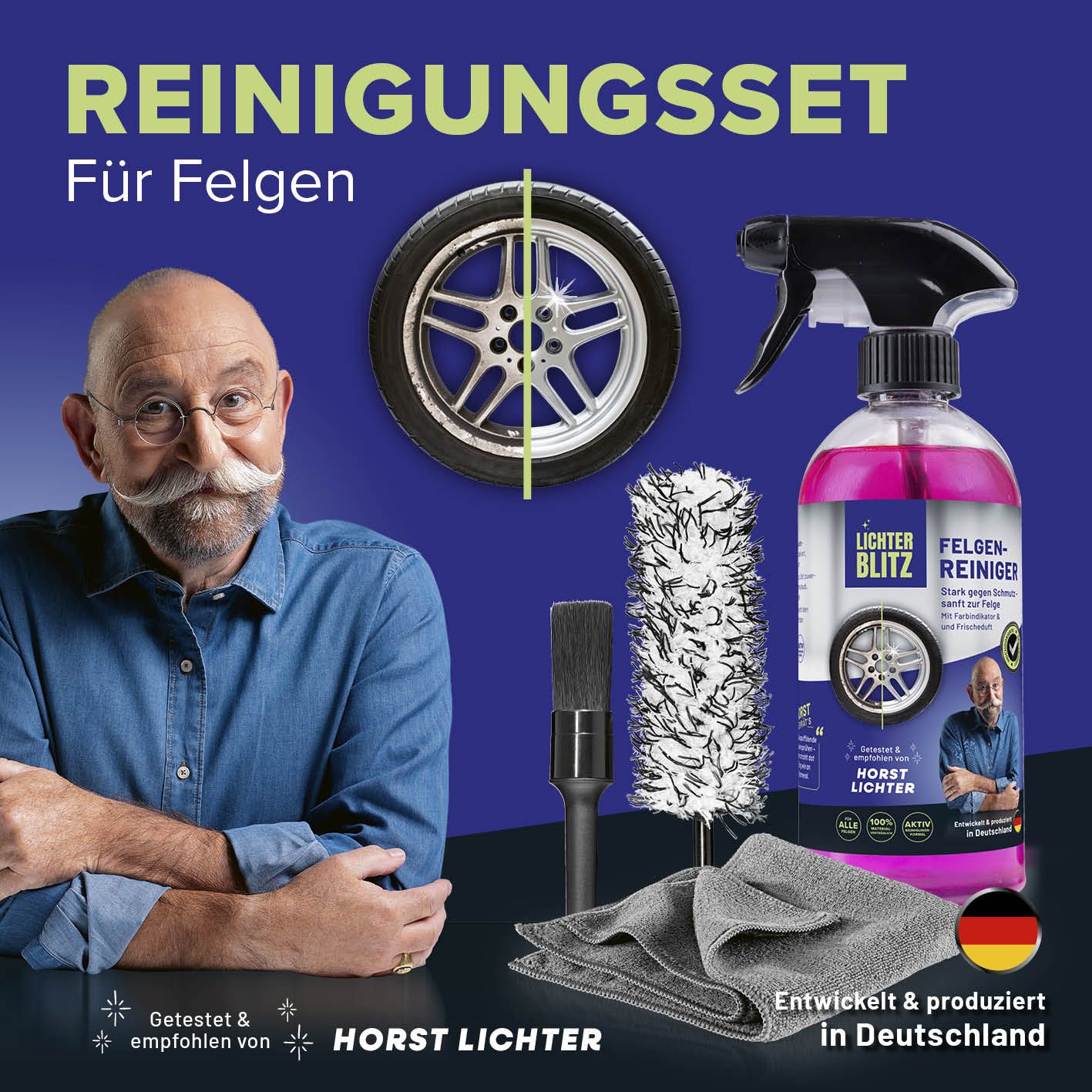 Reinigungsset Felgen – 4-tlg. mit Felgenreiniger, Bürsten und Tuch, getestet von Horst Lichter, für effektive und schonende Felgenreinigung.