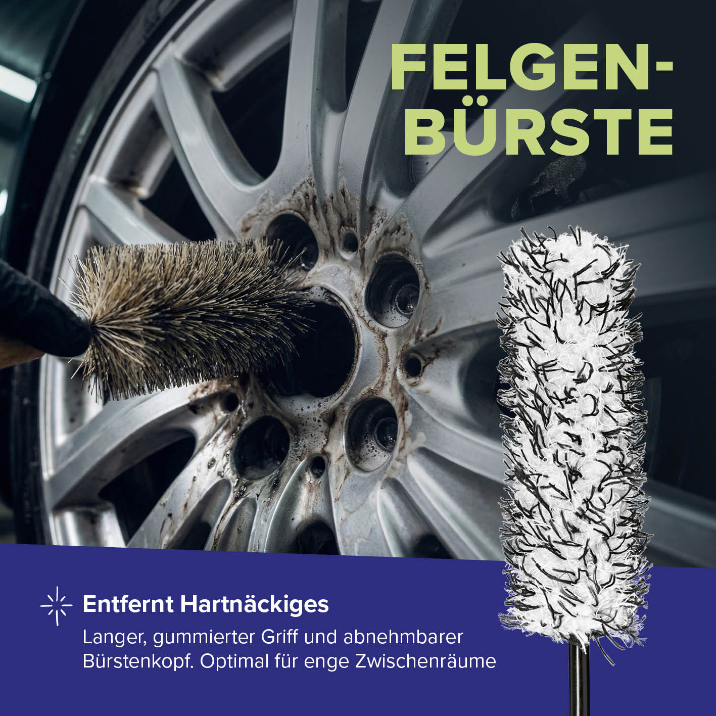Reinigungsset Felgen – 4-tlg. mit langem Griff und Bürstenkopf zur effektiven Entfernung von hartnäckigem Schmutz an Felgen.
