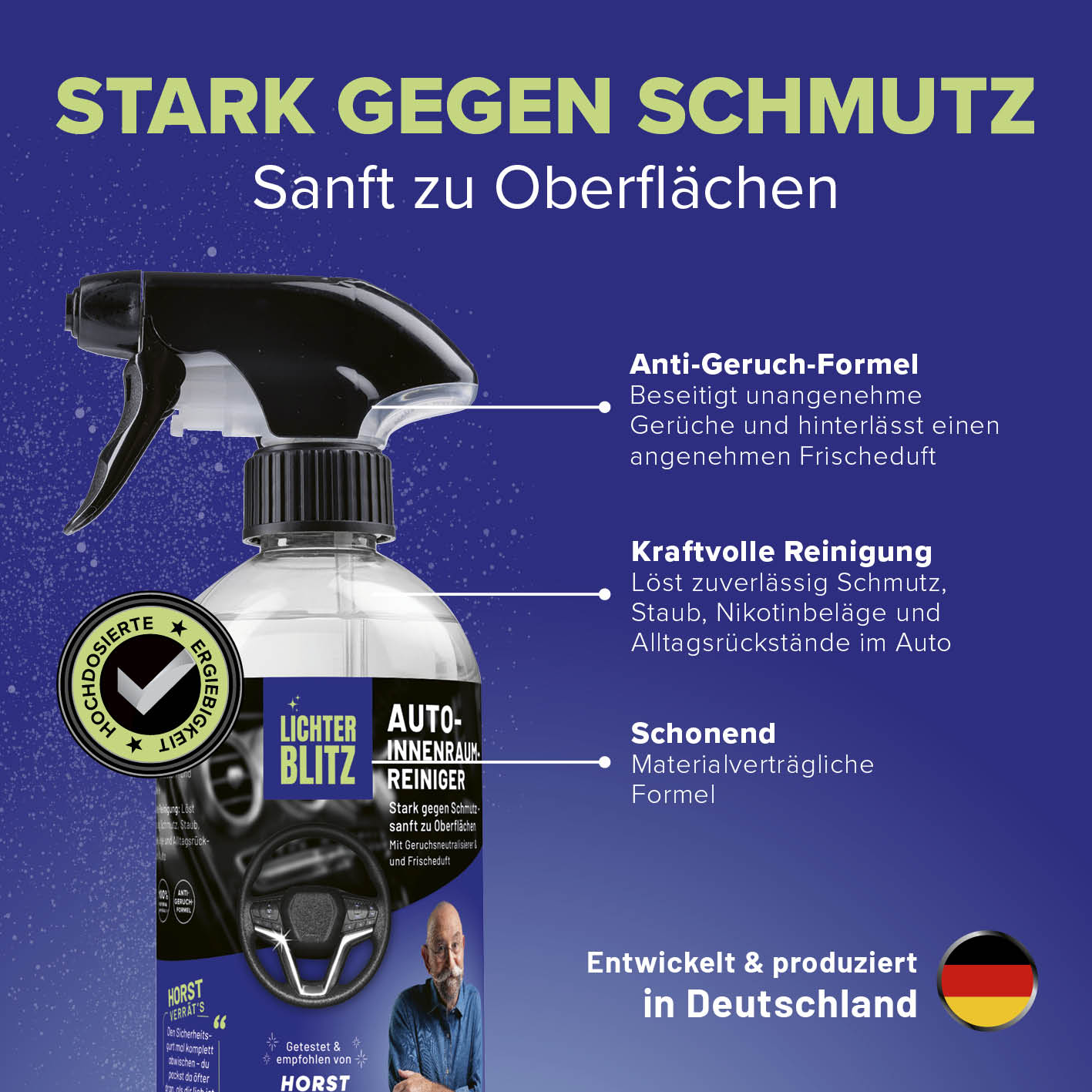 Auto-Innenraumreiniger Sprayflasche mit Beschreibungen zu Anti-Geruch, Reinigungskraft und schonender Formel, Gallery Position 3, quadratisch.