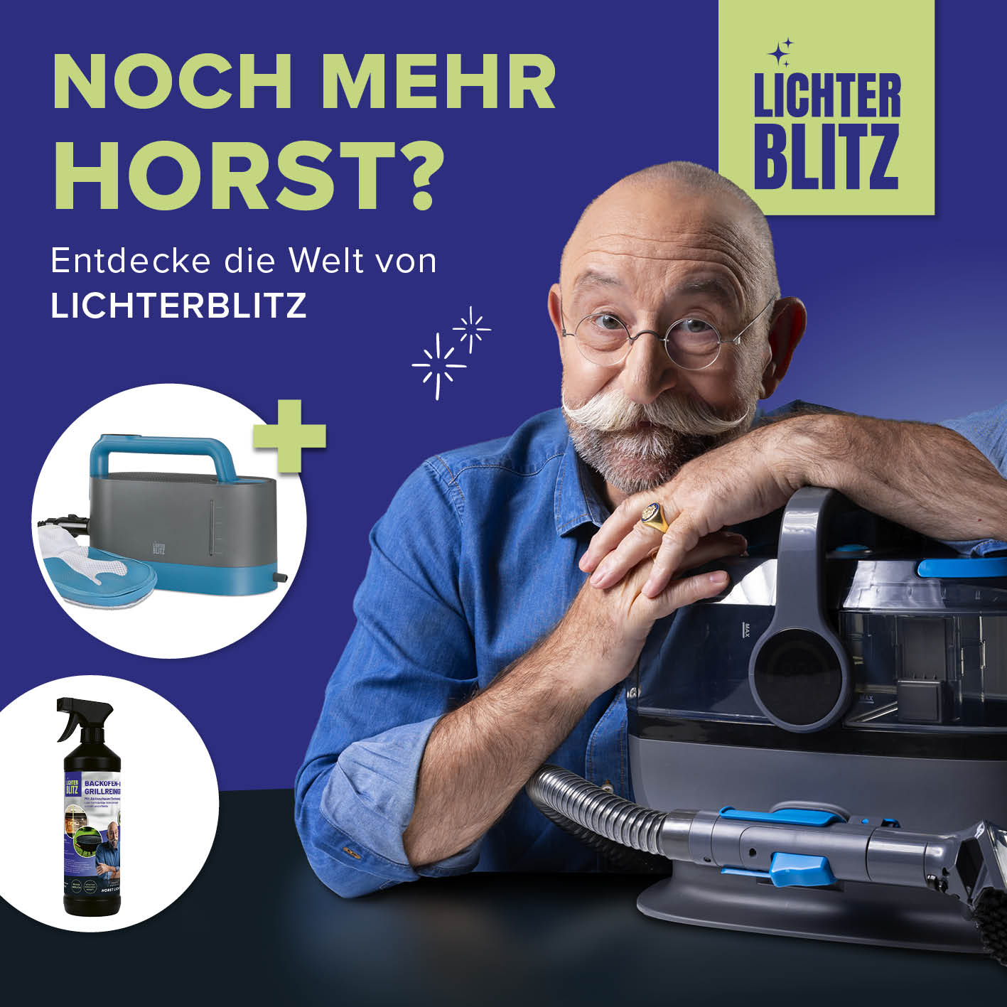 Auto-Innenraumreiniger Galeriebild 7, quadratisch 1417x1417, zeigt Horst Lichter mit Reinigungsausrüstung und Produktwerbung