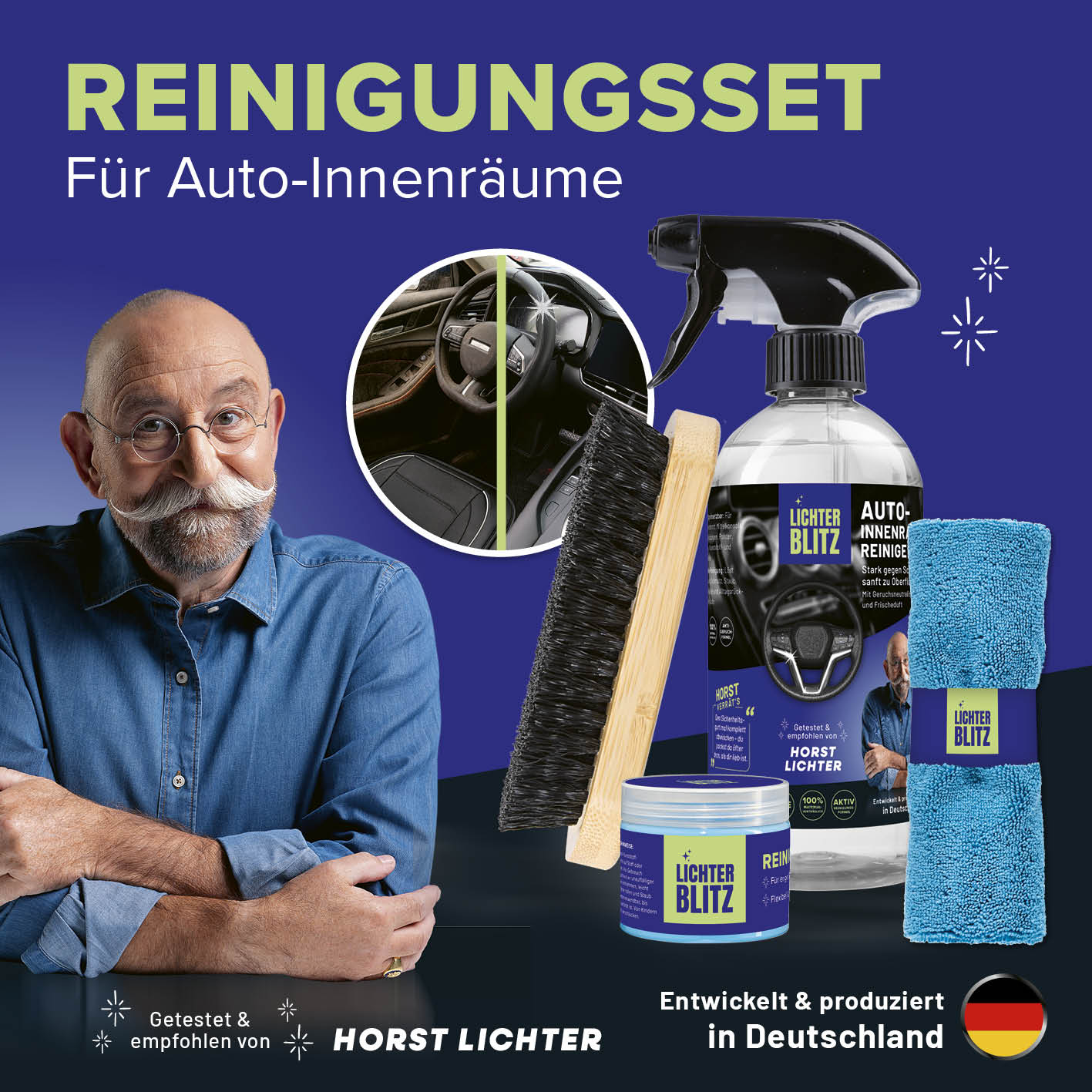 Reinigungsset Autoinnenräume – 4-teilig mit Sprühflasche, Bürste, Tuch und Pflegecreme für schonende Innenraumreinigung im Auto.