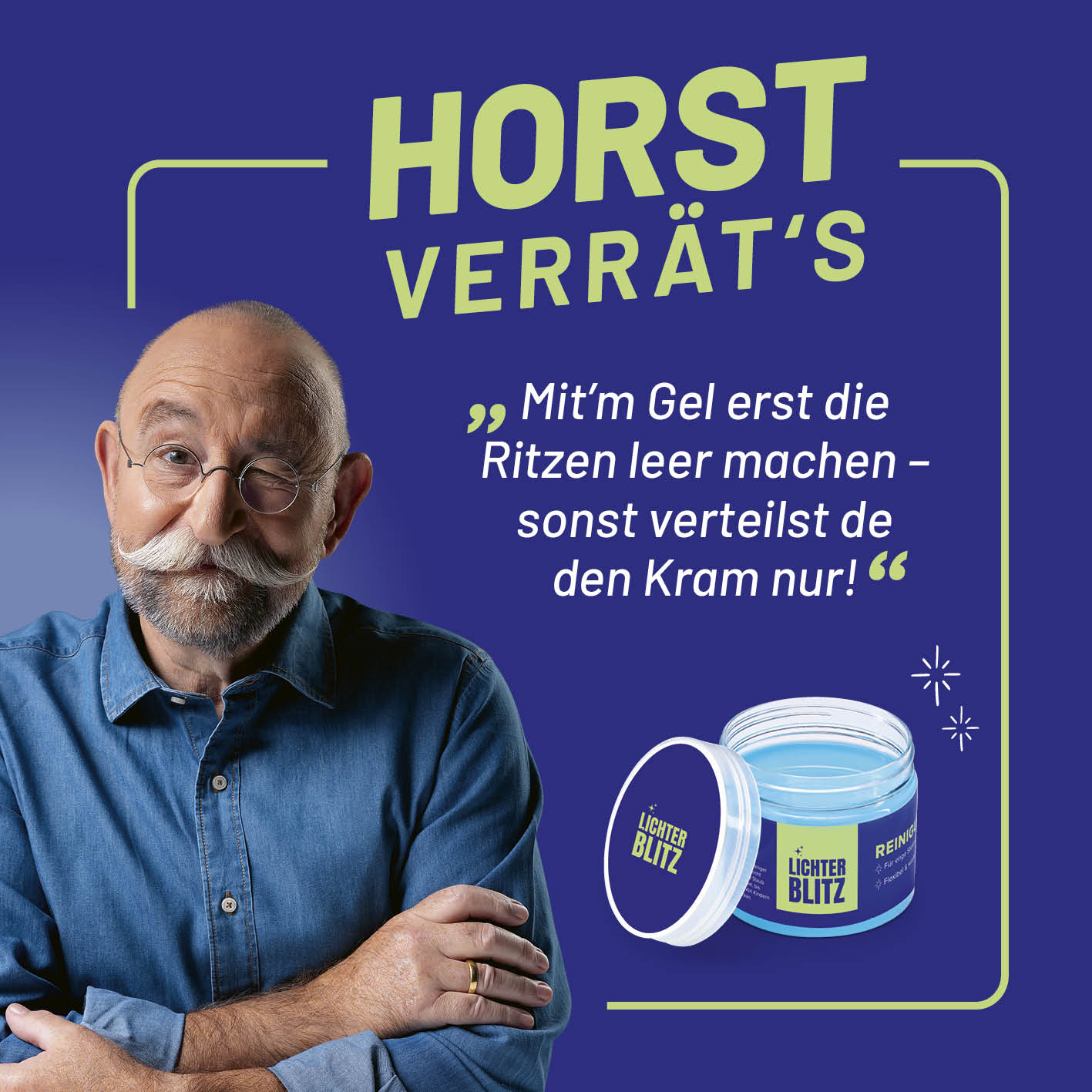 Reinigungsset Autoinnenräume – 4-teilig mit Horst Lichter, zeigt Reinigungsgel für gründliche Pflege von Autoinnenraumritzen.