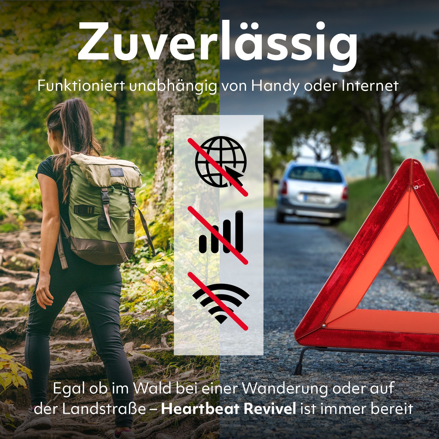 Bild mit Wanderin und Warndreieck, das die Audio-Reanimations-Anleitung – ohne App, sofort startklar zuverlässig und unabhängig von Internet zeigt.
