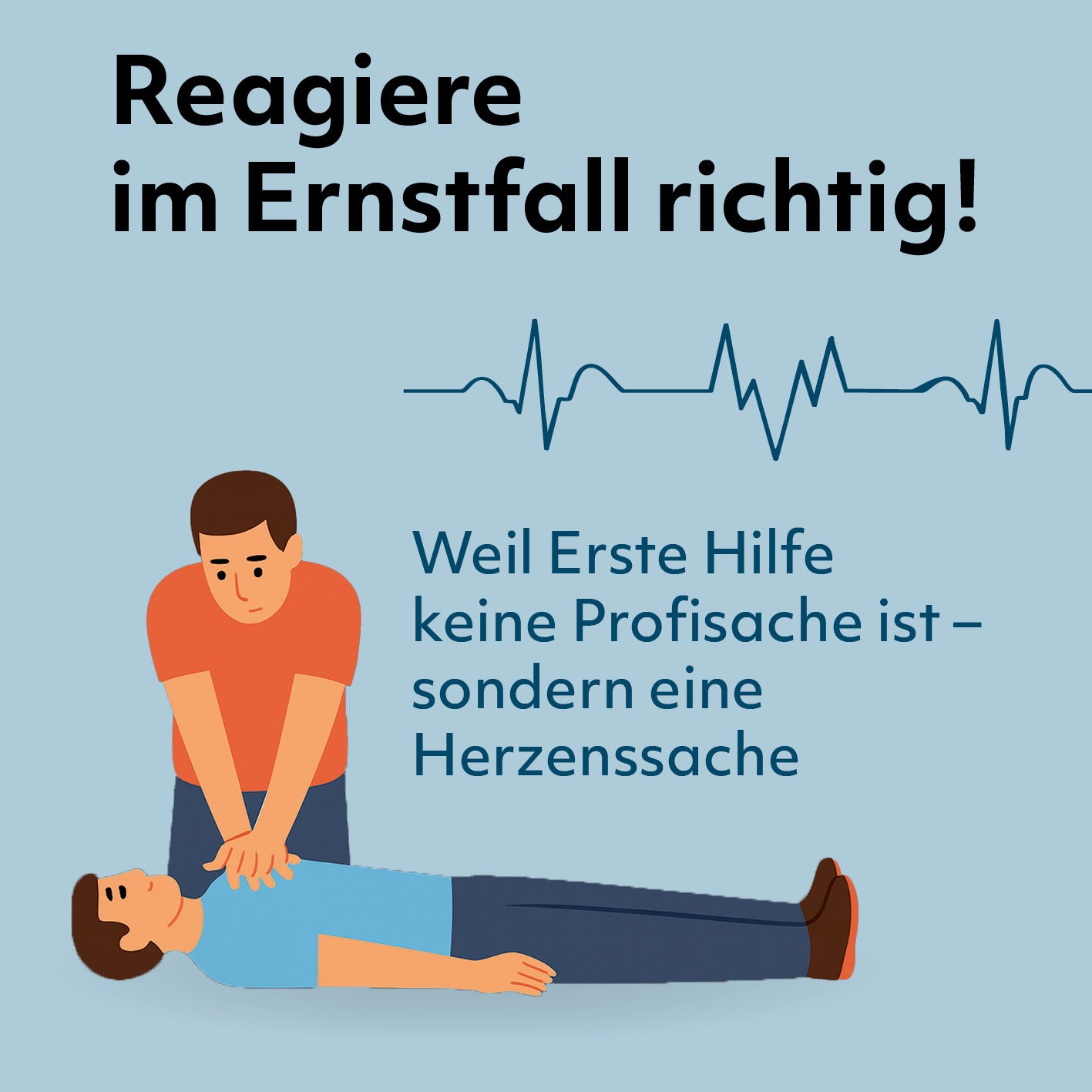 Illustration zeigt Herzdruckmassage und EKG-Linie zum Thema Audio-Reanimations-Anleitung – ohne App, sofort startklar.