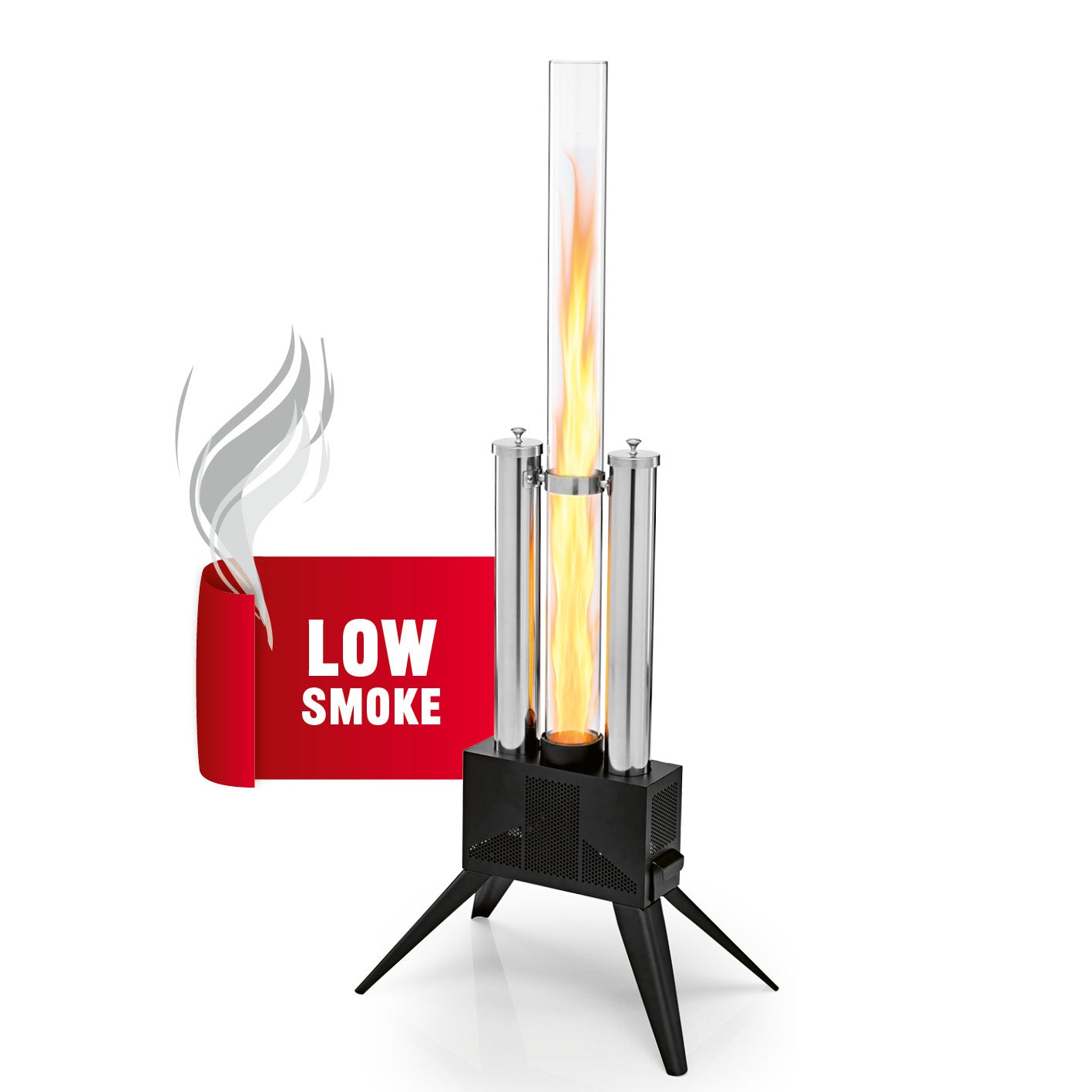 Pellet-Feuersäule mit 2 Einfüllschächten in quadratischer Galerieansicht mit klarem Glasrohr und Flammenbild