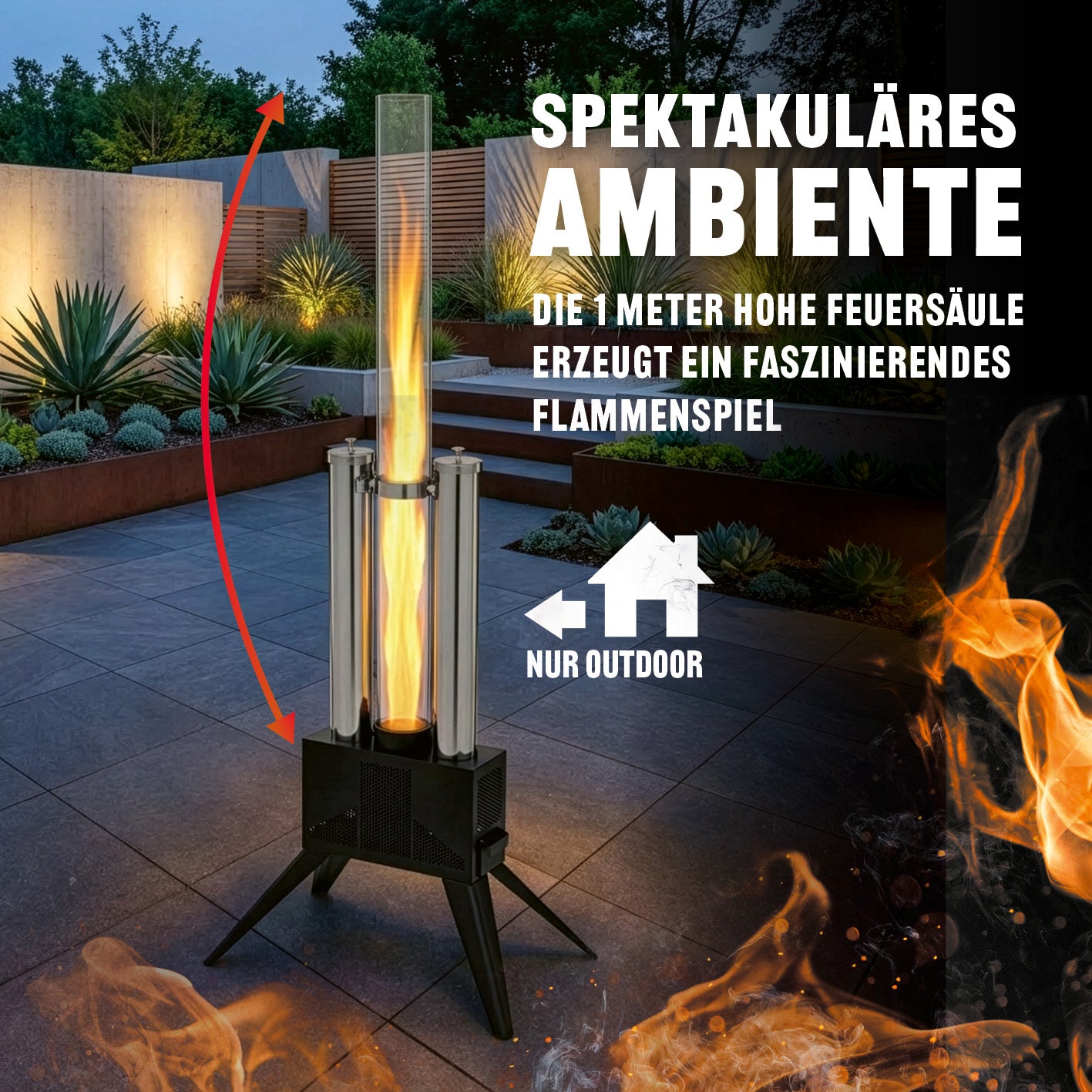 Pellet-Feuersäule mit 2 Einfüllschächten im Quadratformat, Galerieposition 3, zeigt spektakuläres Flammenspiel auf Terrasse.