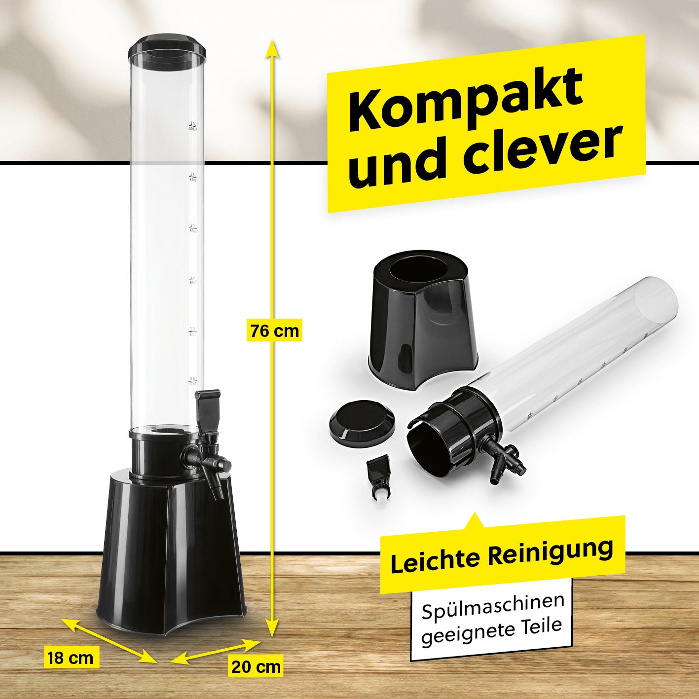 Trinksäule - 3 Liter in Galerieposition 5, quadratisch 1417x1417, zeigt Maße und einfach zerlegbar zur Reinigung.