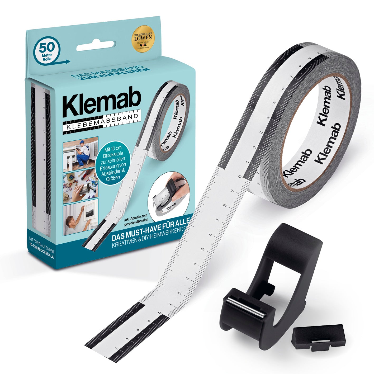 Klebemaßband 50 m selbstklebend, 10-cm-Skala, Abroller mit transparenter Messskala und praktischer Abrollhilfe für präzise Messungen.
