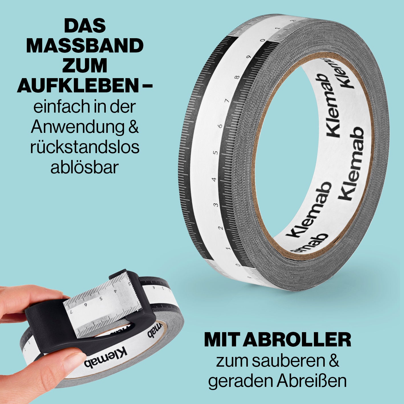 Klebemaßband 50 m selbstklebend, 10-cm-Skala, Abroller für einfaches Aufkleben und sauberes, gerades Abreißen.
