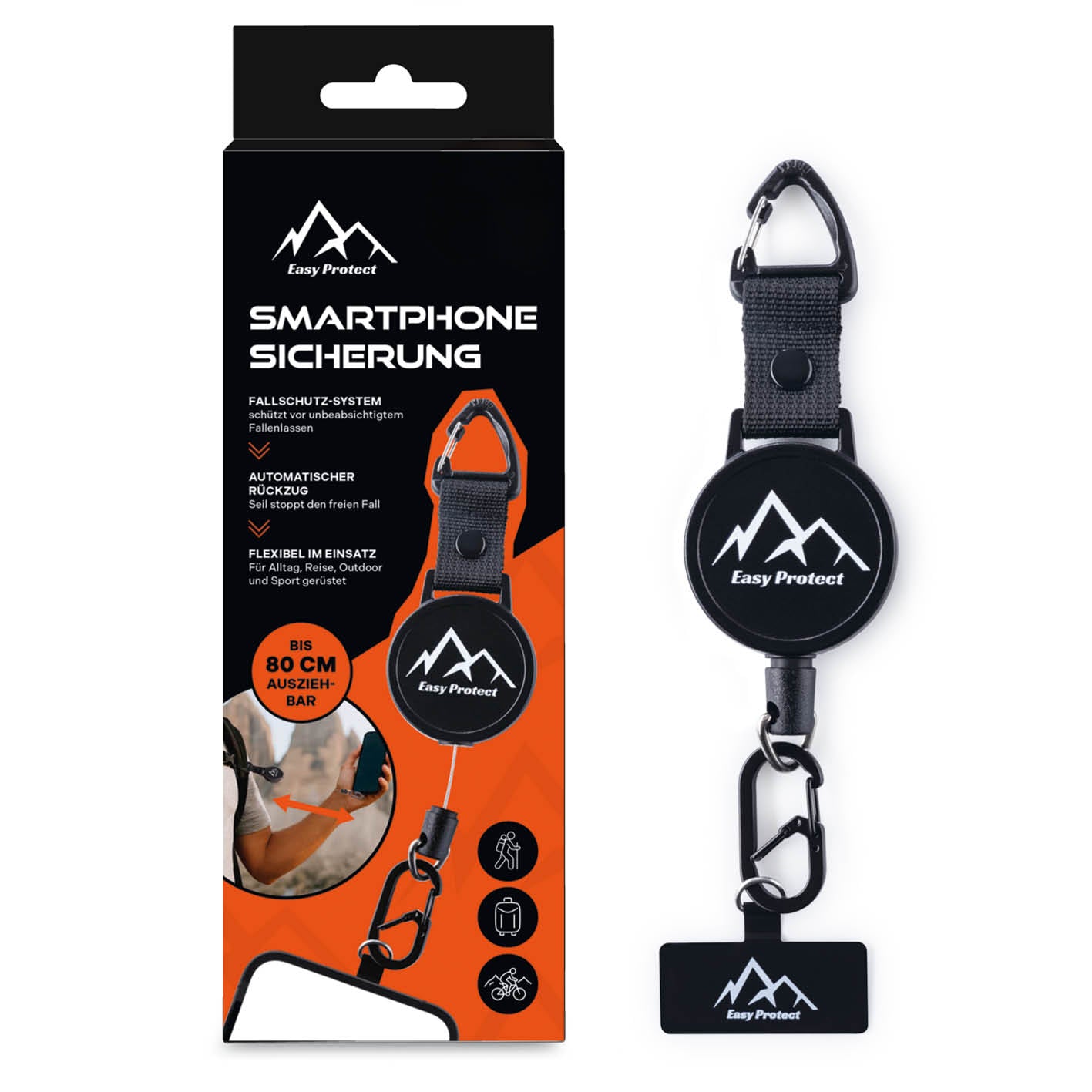 Handy Sicherung mit Stahlseil & Karabiner, 80 cm Anti-Drop Kabel als praktisches Schutzsystem für Smartphones gegen Fallen.