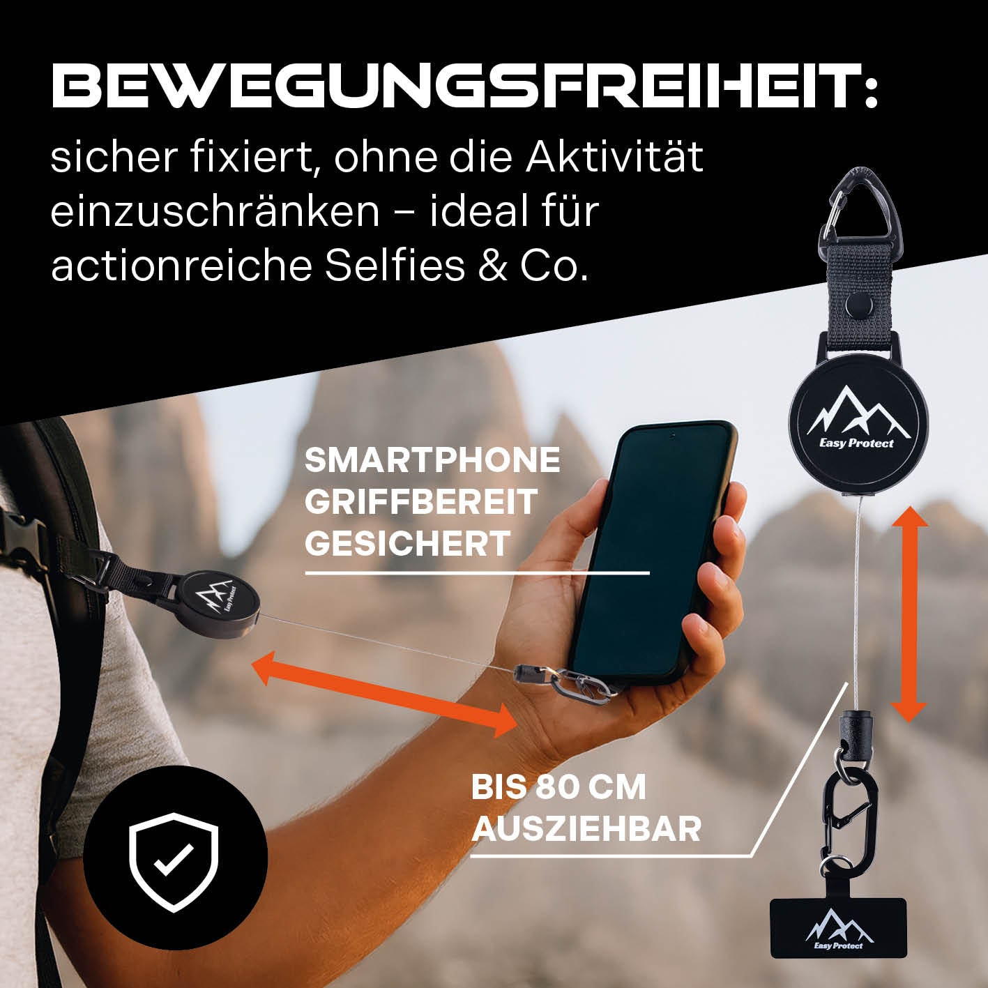 Handy Sicherung mit Stahlseil & Karabiner, 80 cm Anti-Drop Kabel sichert Smartphone griffbereit bis 80 cm ausziehbar für mehr Bewegungsfreiheit.